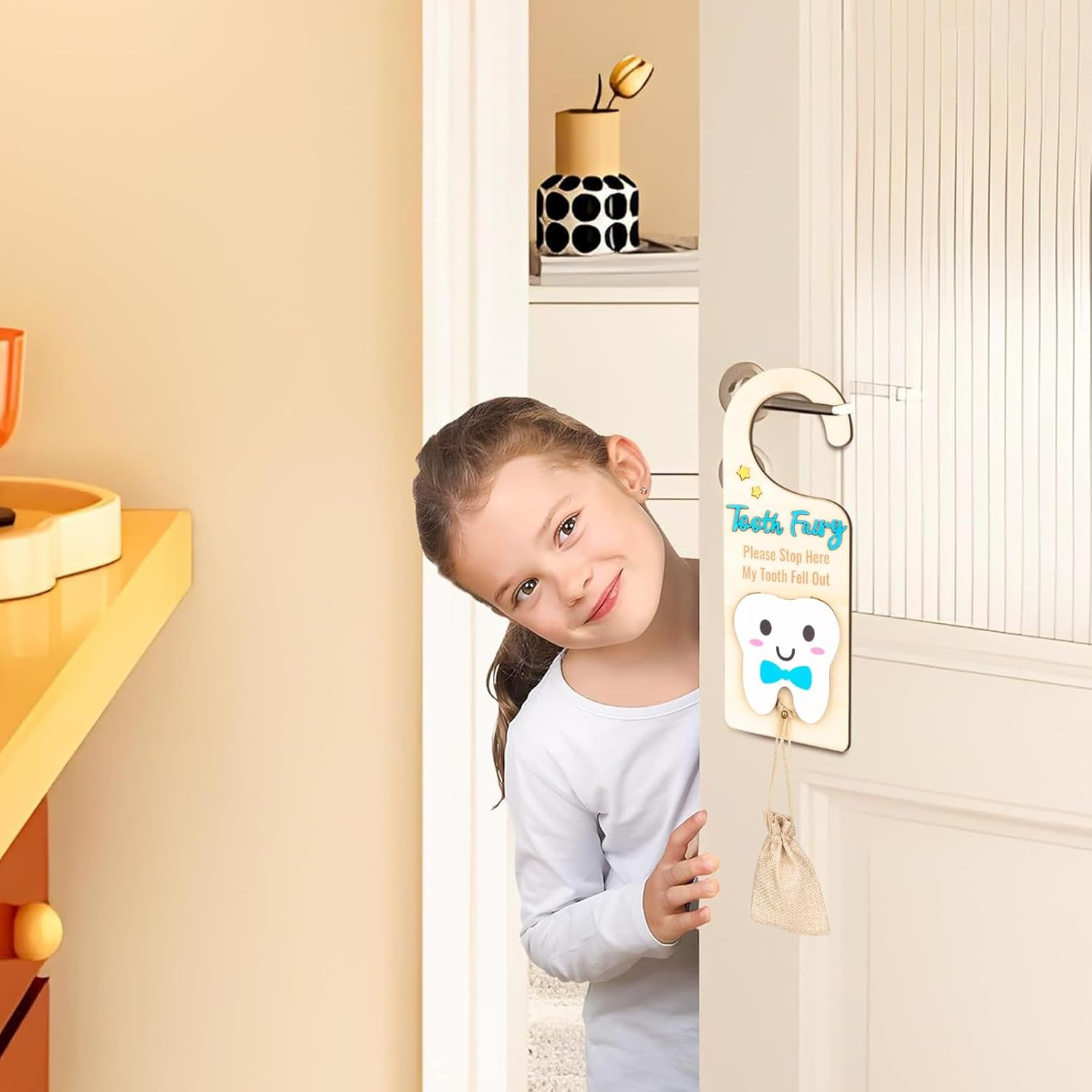 Tooth Fairy Hanger - Tooth Fairy Pick up Box with Money Slot,Keepsake Box with Pouch, Cute Wooden Souvenir for Storage Home Collection Boys Girls image number 3