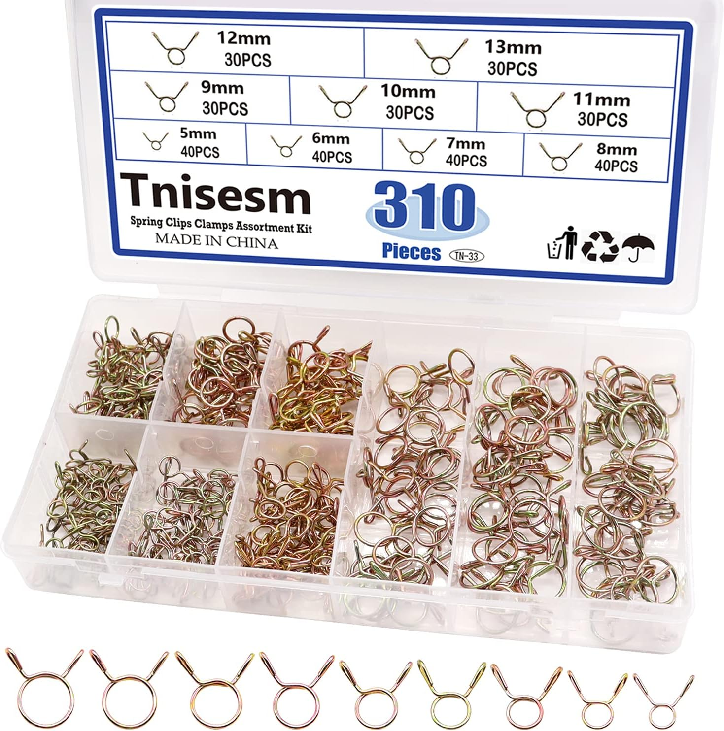 Tnisesm 310Pcs 5-13Mm 9 Size Spring Clips Clamps Assortment Kit, Fuel Line Hose Tubing Spring Clips Clamps for Motorcycle Scooter ATV