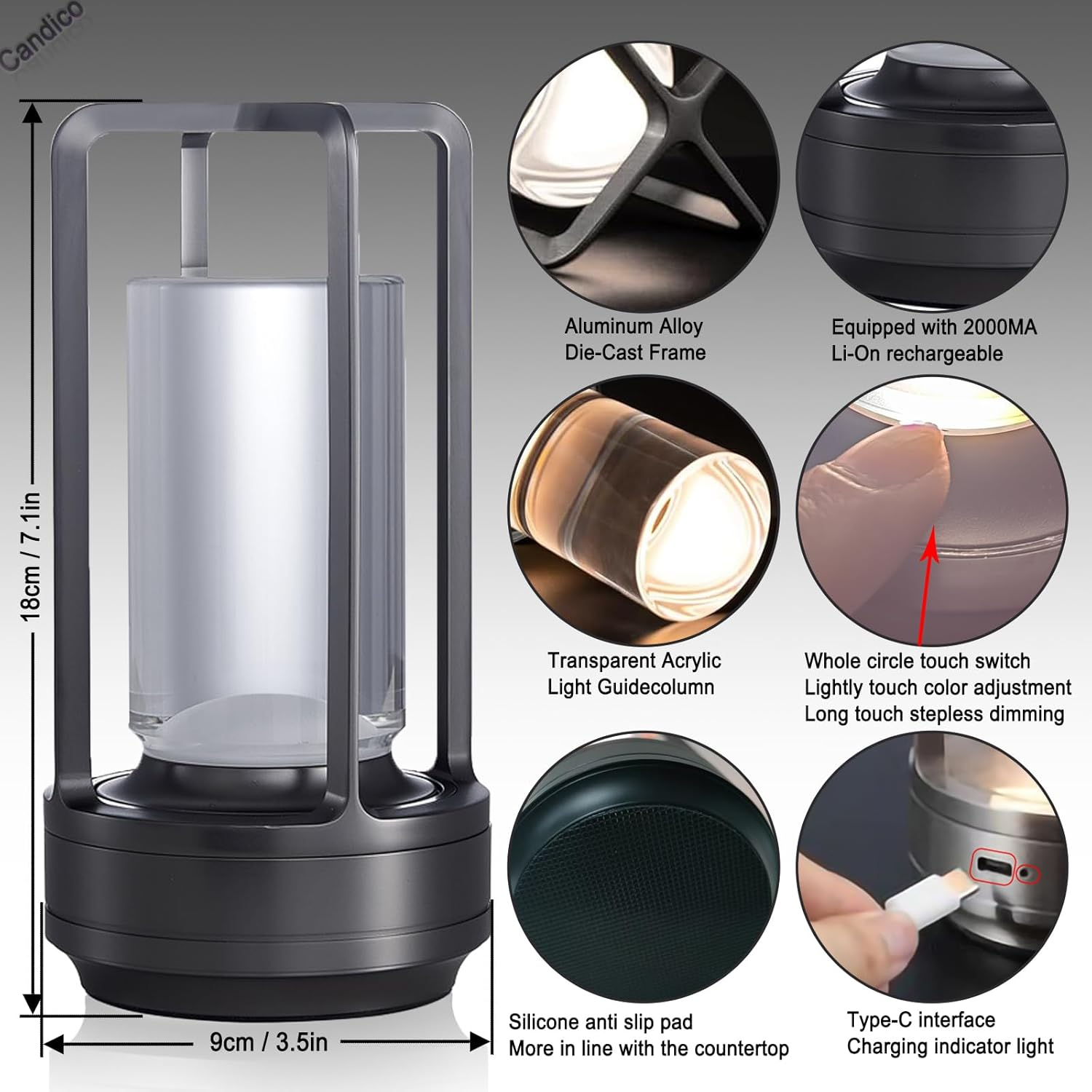 Candico Cordless Bedside Table Lamp Rechargeable Portable Touch,2000Ma Battery Operated Lamps LED Night Light,3Color Stepless Dimming Crystal Lantern Suitable Bedrooms,Bars,Cafes,Camping,Black - Silvery image number 5