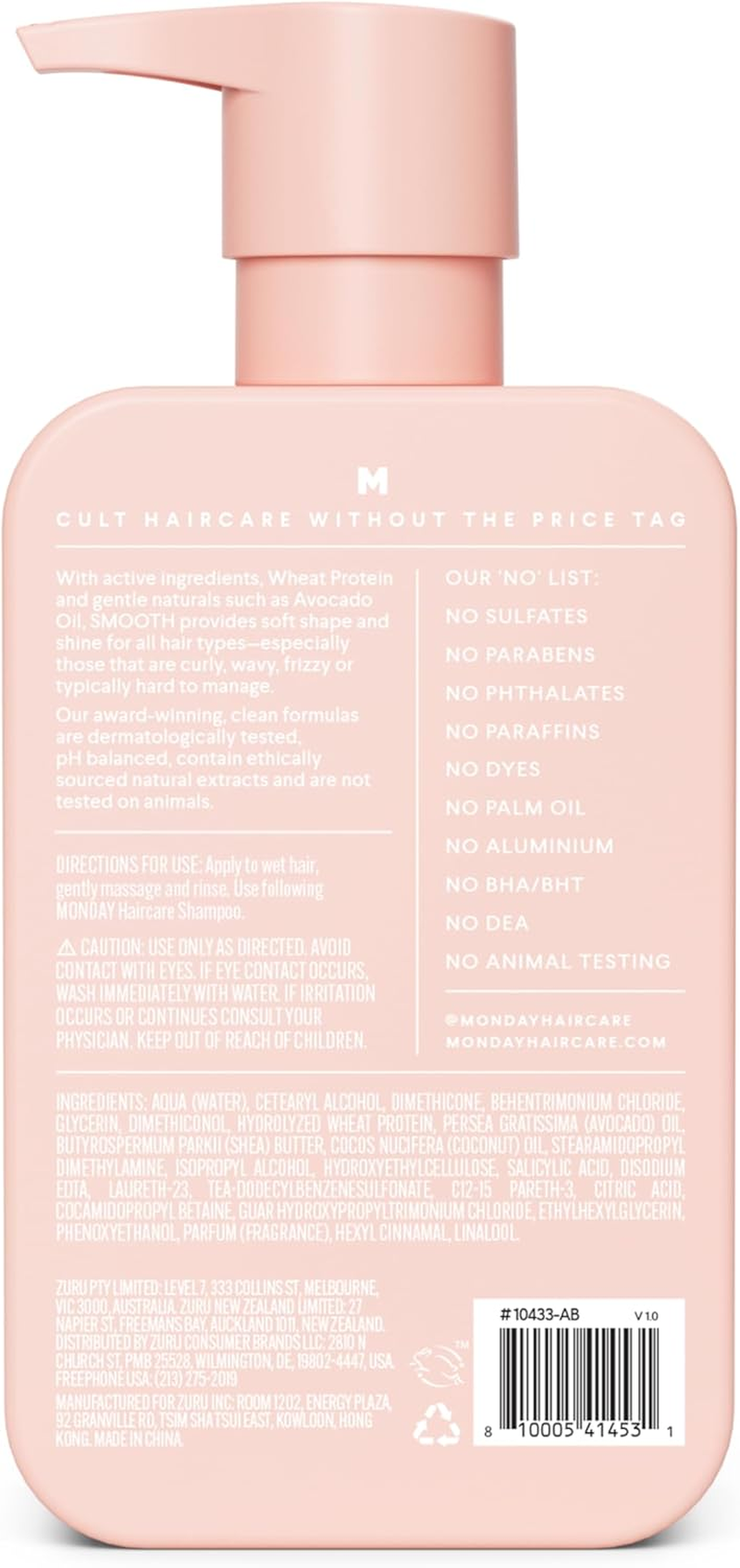 MONDAY HAIRCARE 4 X 354 Ml Smooth Conditioner, for Frizzy, Coarse, and Curly Hair, Made from Coconut Oil, Shea Butter, & Vitamin E, 100% Recyclable Bottles, Pink