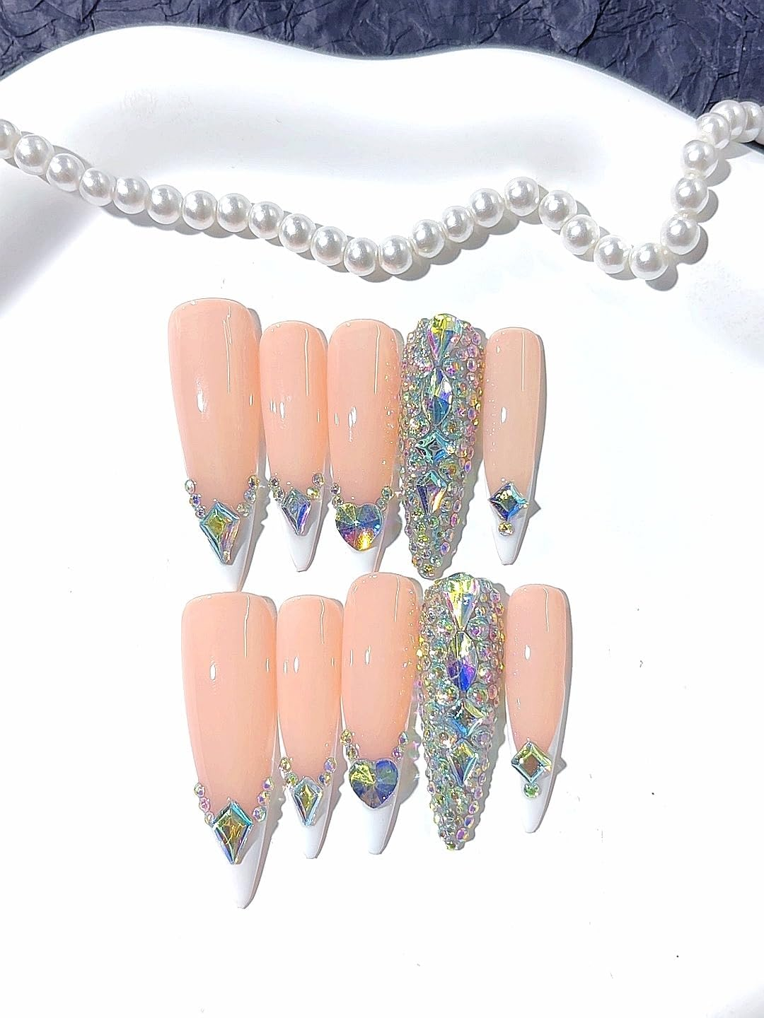 Press-On Nails Set, Nude Pink with Iridescent Crystal Rhinestones, Long Coffin Shape, Professional Manicure Art Tips (L155, Medium) image number 2
