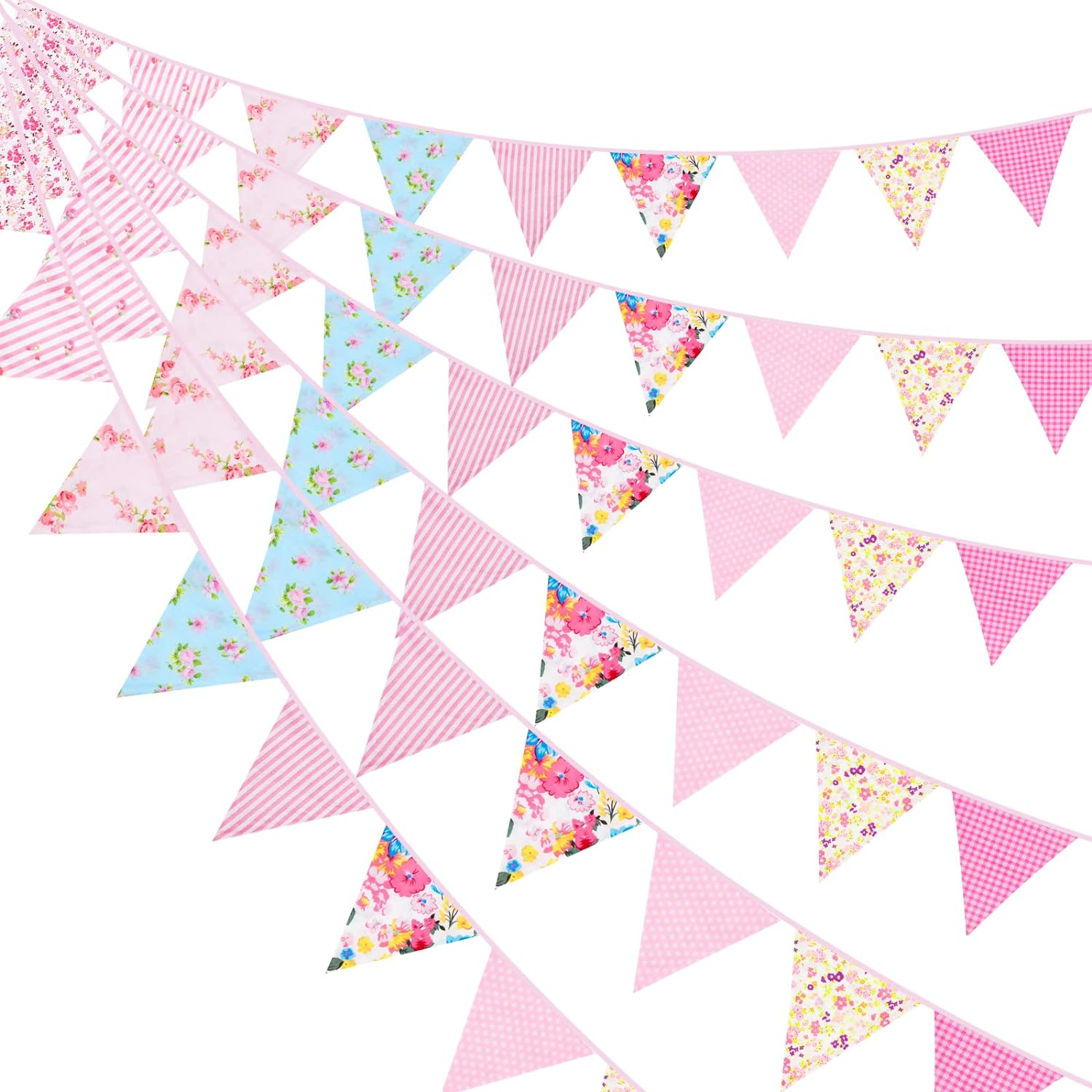 33Ft Floral Triangle Flags, Vintage Bright Triangle Pennants, Bunting Garland Fabric Banner for Birthday Wedding Garden Baby Shower Wonderland Tea Party Bedroom Decor Outdoor Home (Pink Floral) image number 3