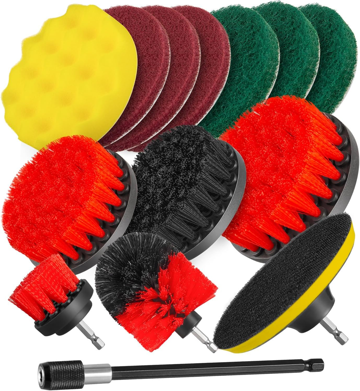 TOPEX 14-Piece Drill Brush Attachment Kit, 2-In-1 Clean & Polish Power Scrubber Set for Scrubbing- Multi Surface Use on Household, Auto Detailing with Assorted Brushes, Pads & Extension Rod image number 2