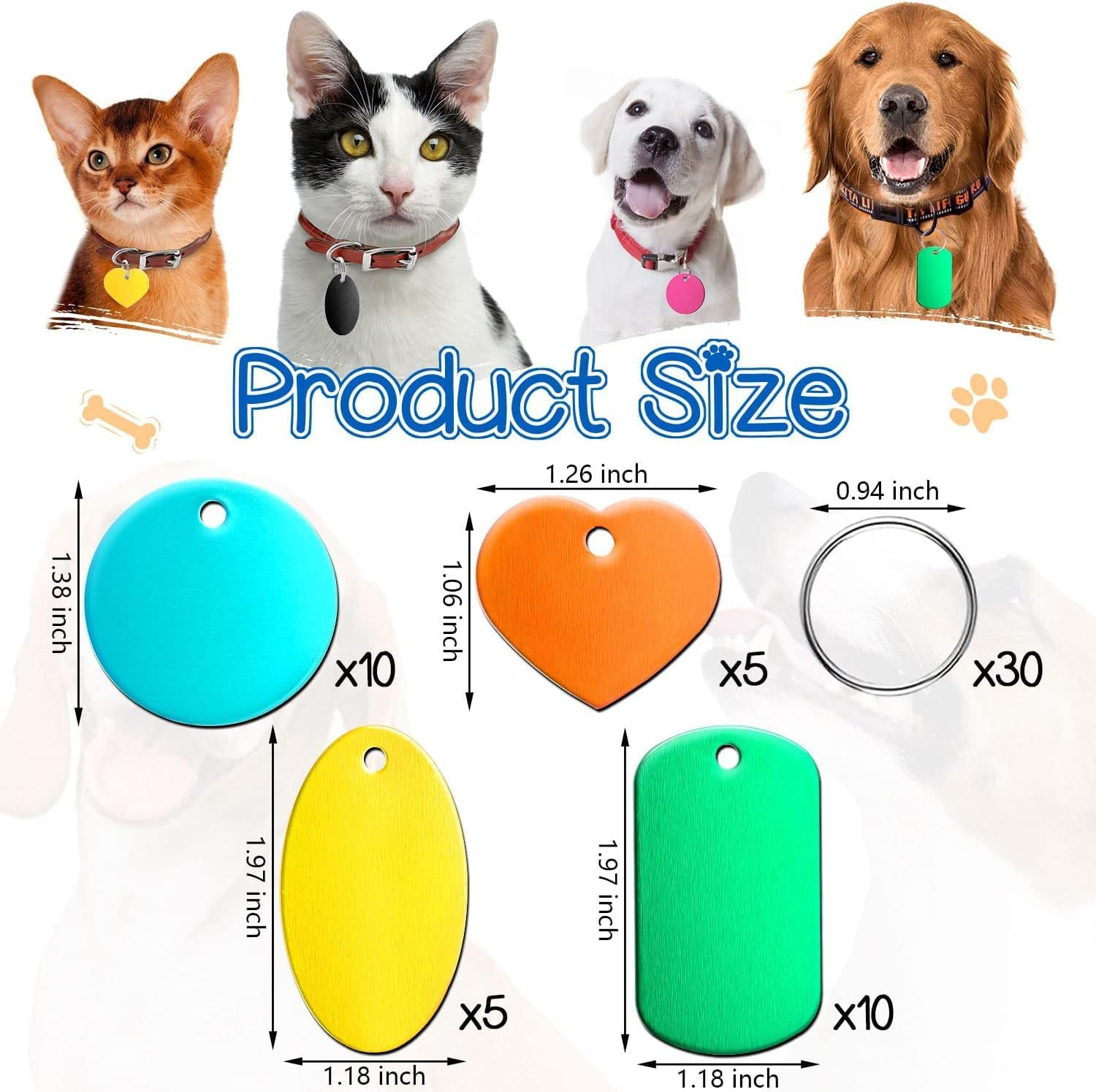 30Pcs Blank Dog Tags for Engraving, Aluminum Pet ID Tags with Rings for DIY Craft Pendant with Hole for Dog Cat Name Phone Number Metal Stamping Tags image number 3