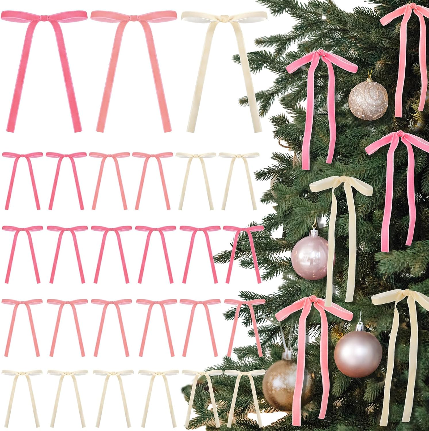 Brown,Dark Green,Beige 24 Pcs Velvet Bows Christmas Tree Ornaments Valentines Day Bows Decoration for Garland Home Coquette Wedding Decor (9 X 13 Inch,Width of 3/8")