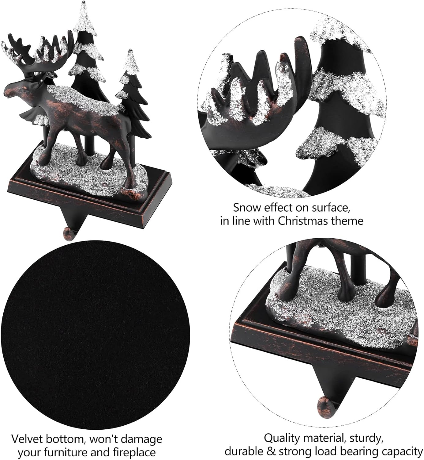 MCEAST 2 Pack Christmas Stocking Holders: Reindeer & Christmas Tree with Snowflake; Black, Fabric; 2 Hooks; Surface Rest; Stocking Hangers image number 5