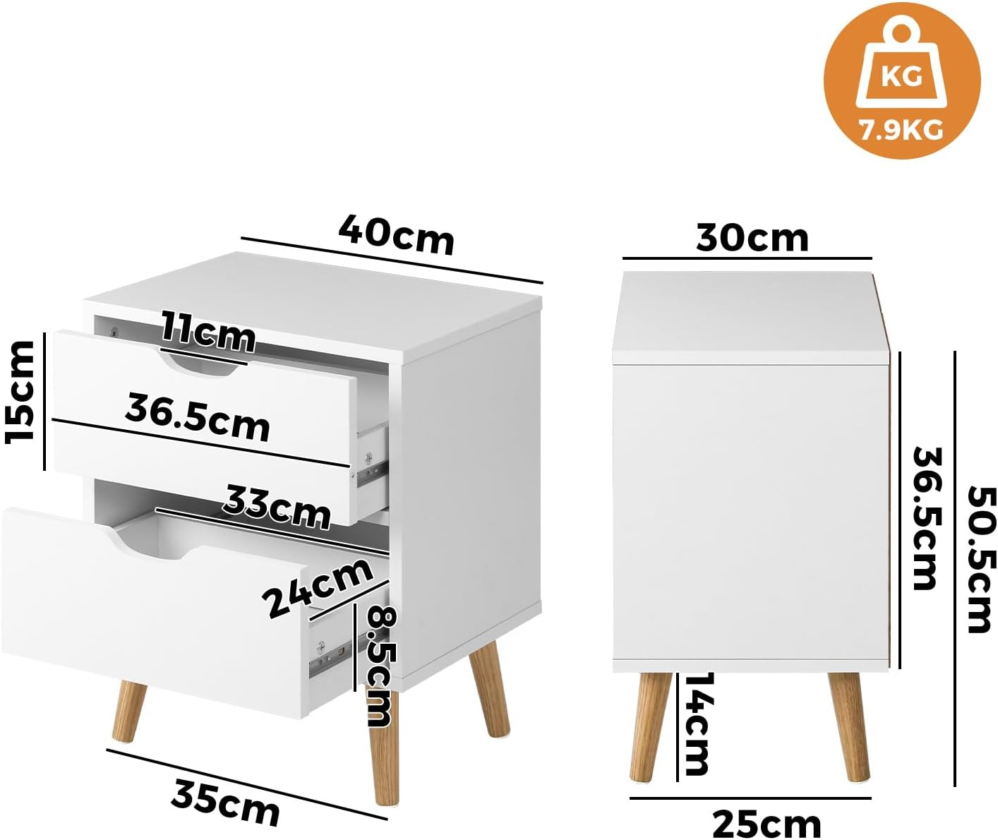 Oikiture Bedside Table with 2 Drawers, Wooden Side Table Nightstand Storage Cabinet White image number 6