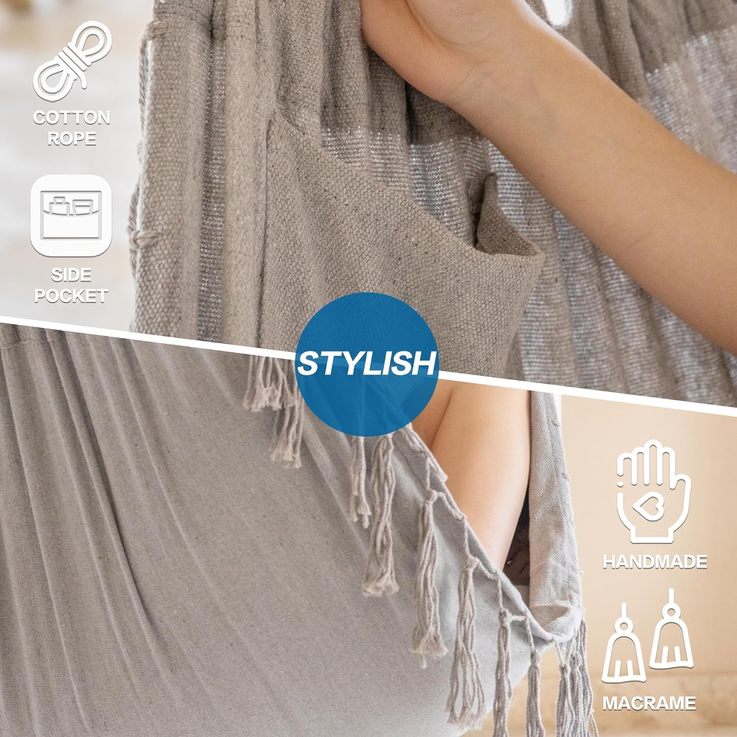 Hammock Chair Hanging Rope Swing Chair with 2 Seat Cushions & Installation Kit, Max 330 Lbs,Hammock Swing Hanging Chair for Bedroom outside Shanging Yard Patio Camping Garden (Light Grey)