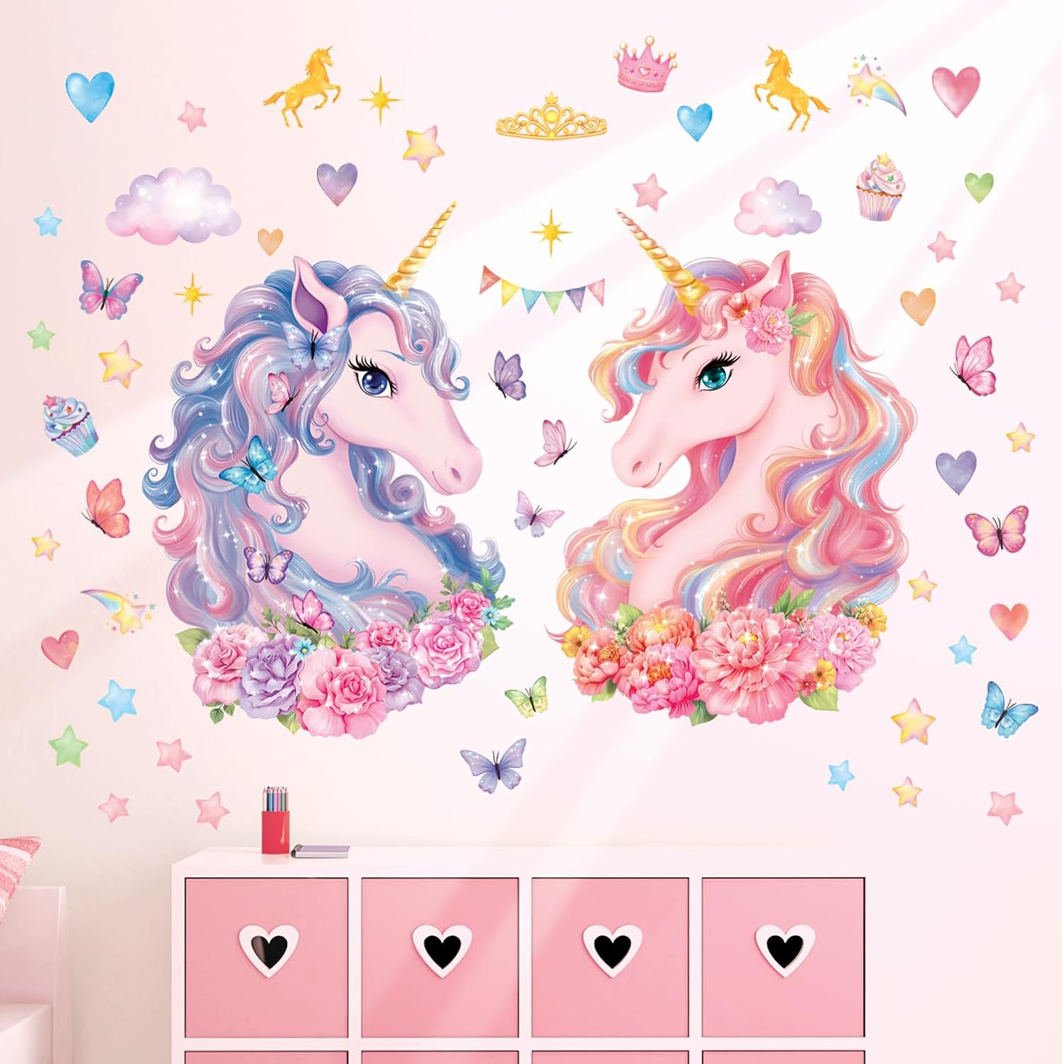 DECOWALL SG2-2412 Large Unicorn Wall Stickers Kids Peel and Stick Removable Nursery D&eacute;cor Girls Boys Bedroom Room Rainbow Art Stars Birthday Baby Home Party Decorations Living Playroom image number 1