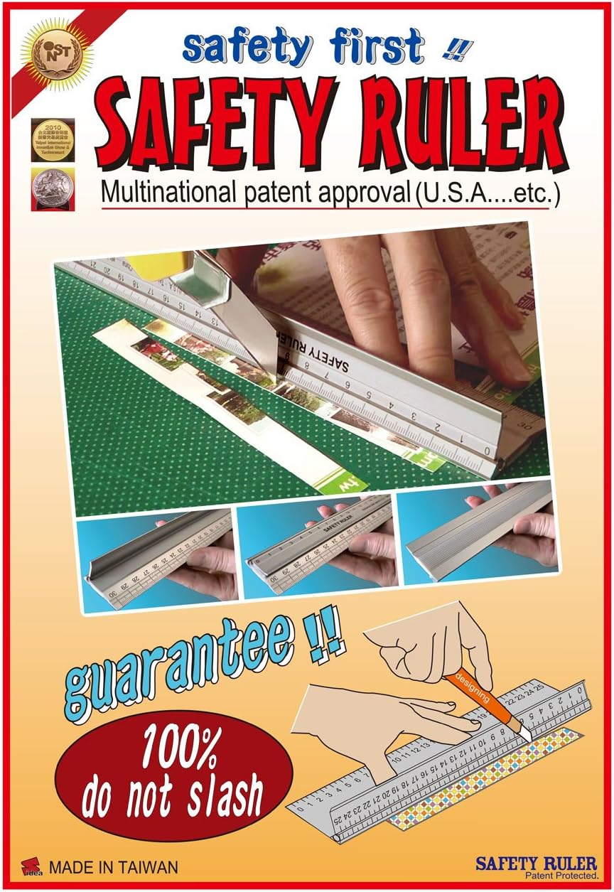 Ruler, New Design 30 Cm (12 Inch) Metal Craft Safety Ruler,Light Weight with Folding Safety Guard.Use with Rotary Cutter,Stanley or Xacto. for Paper,Leather,Fabric,Quilting,Scrap Booking,Art,Office.