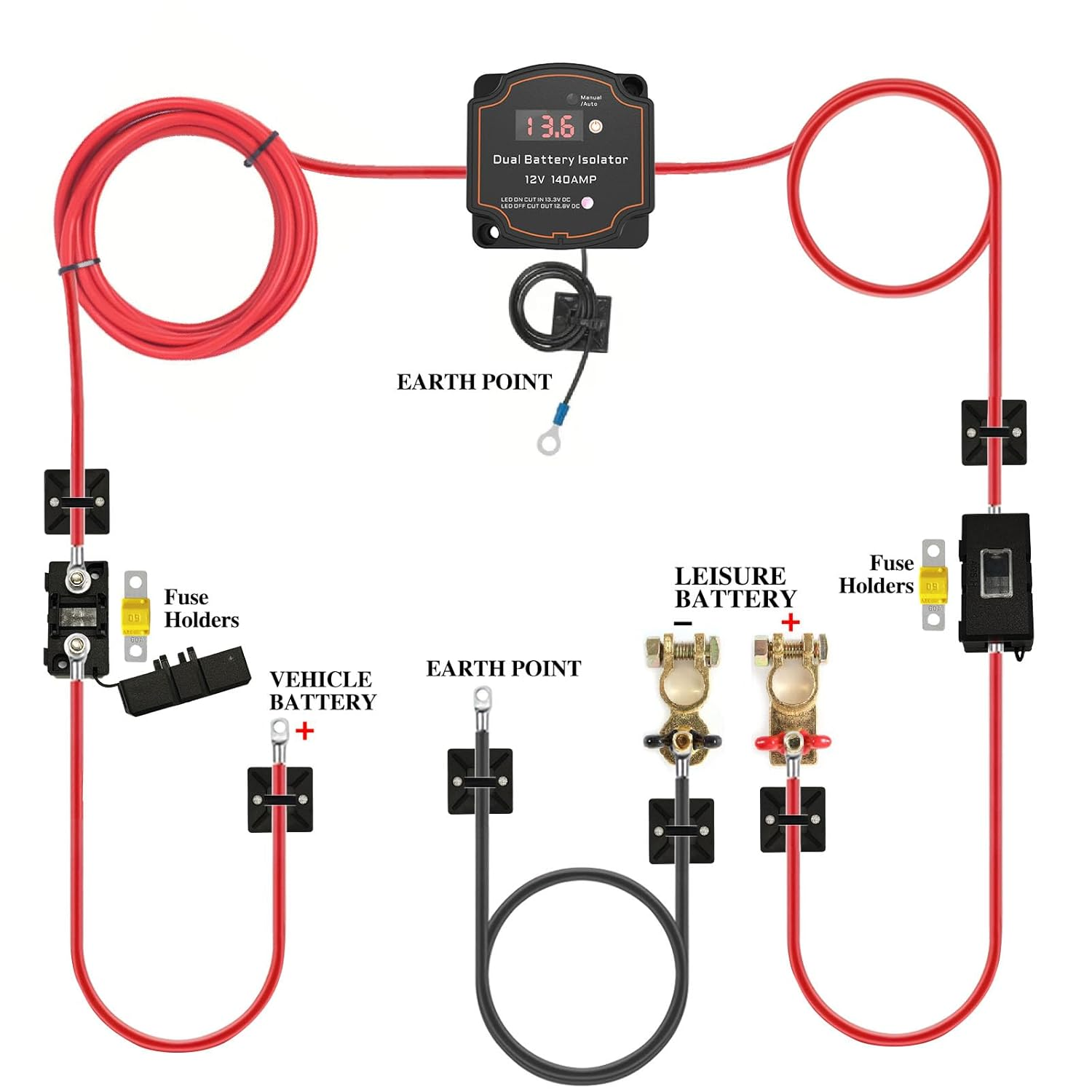 Battery Isolator 12V with 16.4Ft 7AWG Cable Kit, 140AMP Split Charge Relay Kit Voltage Sense Relay, Automatic Smart Isolator Waterproof Dual Battery Disconnect Switch for RV, UTV, ATV, Car, Marine