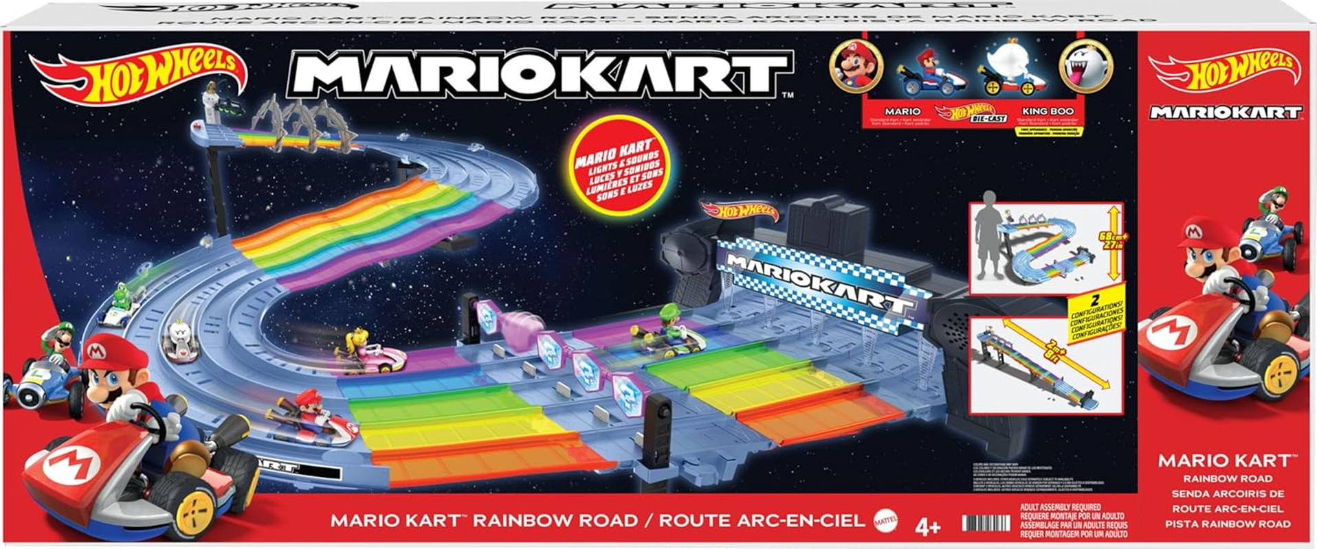 Hot Wheels Mario Kart Rainbow Road Raceway 8-Foot Track Set with Lights & Sounds & 2 1:64 Scale Vehicles, Race with 5-Track Colorful Course with 2 Configurations, Toy for Kids Ages 4 Years Old & Up
