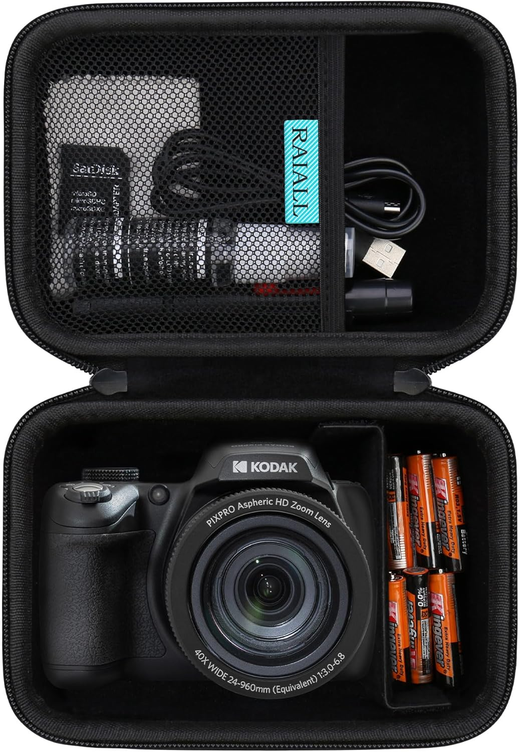 RAIALL Camera Case for Kodak PIXPRO AZ405/AZ425/AZ255/AZ401/AZ528 Digital Camera, Vlogging Camera Hard Carrying Case Protective Travel Bag, Mesh Pocket for Battery, SD Card and USB Cable, Black
