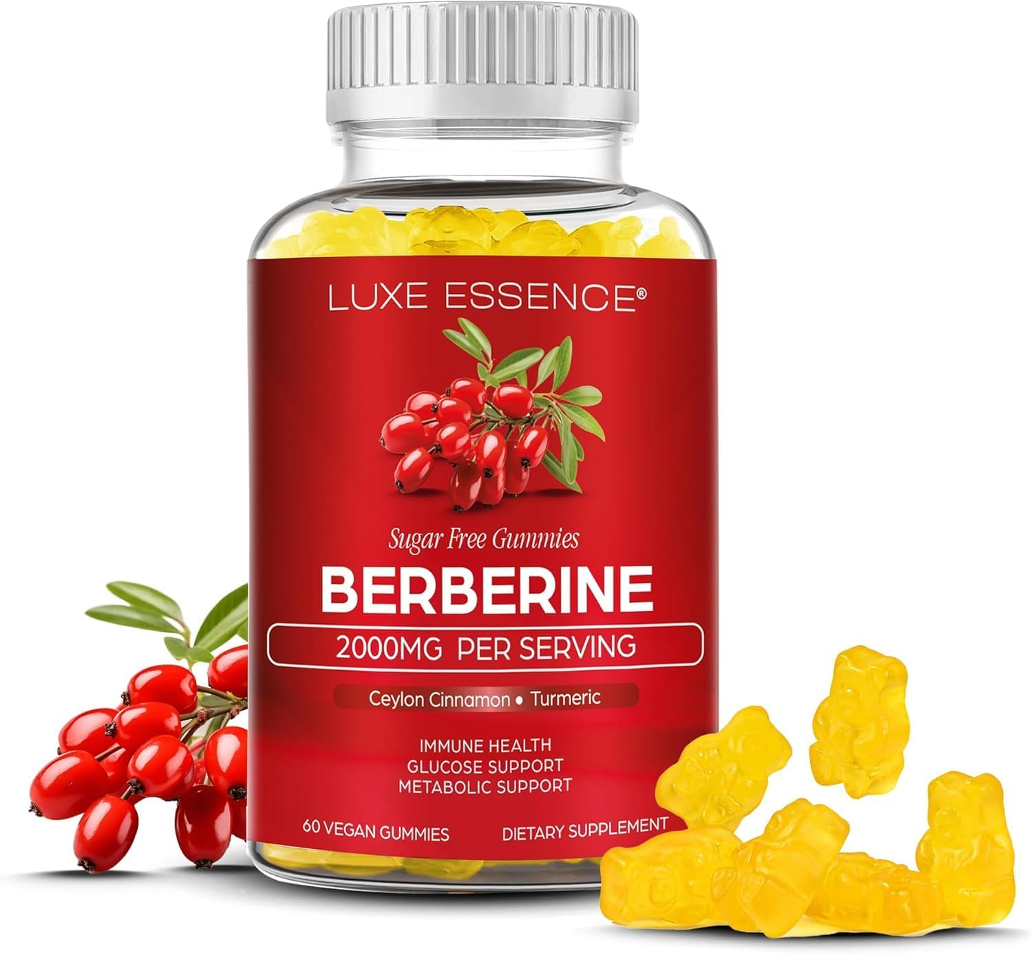 Berberine Gummies with Ceylon Cinnamon & Turmeric | 2000Mg Berberine HCI Supplement for Digestive Health & Support of Healthy Glucose Metabolism | Vegan, Sugar-Free, Pineapple Flavour | 60 Gummies image number 4