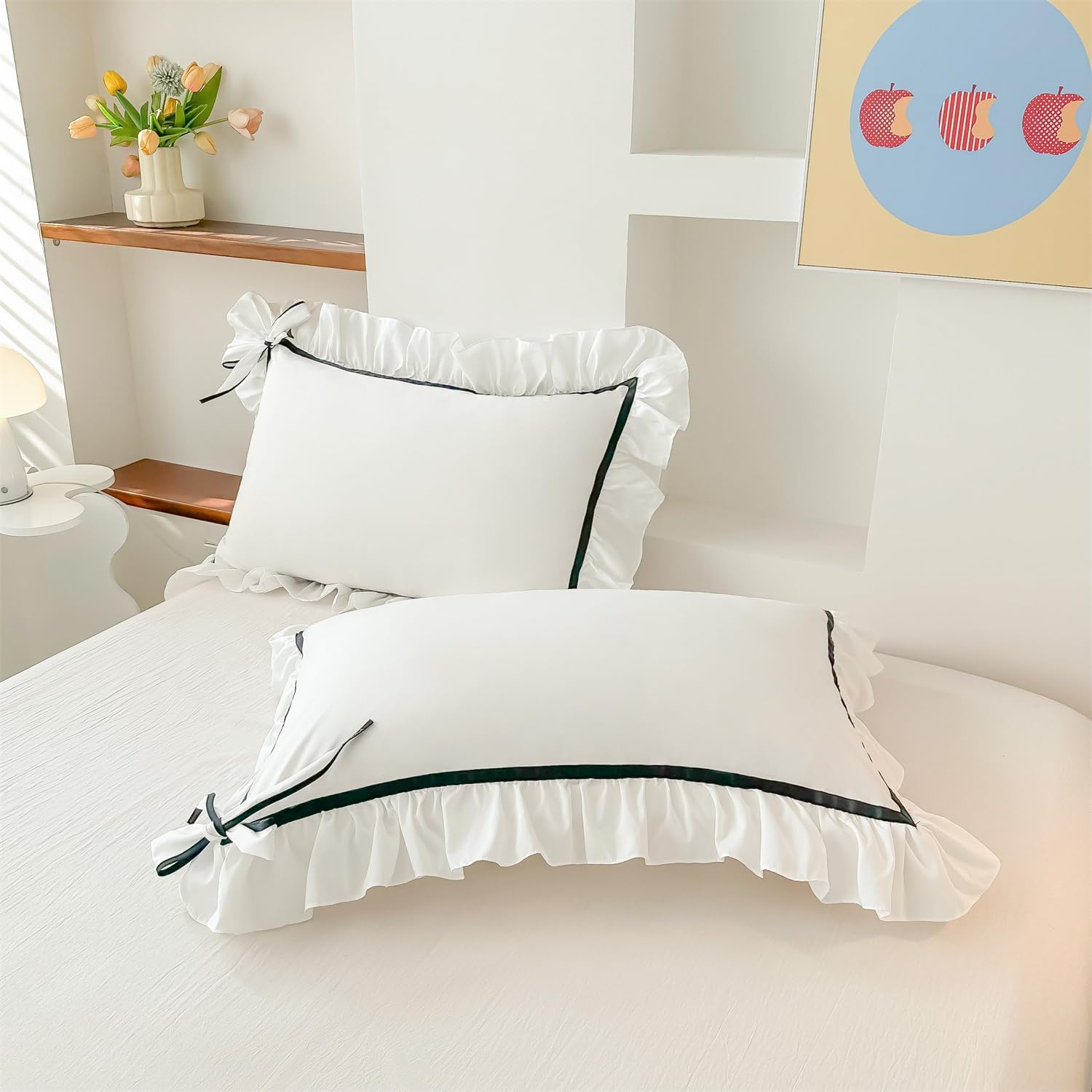 SOUKACH Ruffled Bedding Bow Duvet Cover Set with Butterfly Tie, Soft Brushed Microfiber Shabby Chic Bedding Set with Zipper Closure for Kids Girls-White,Full image number 4