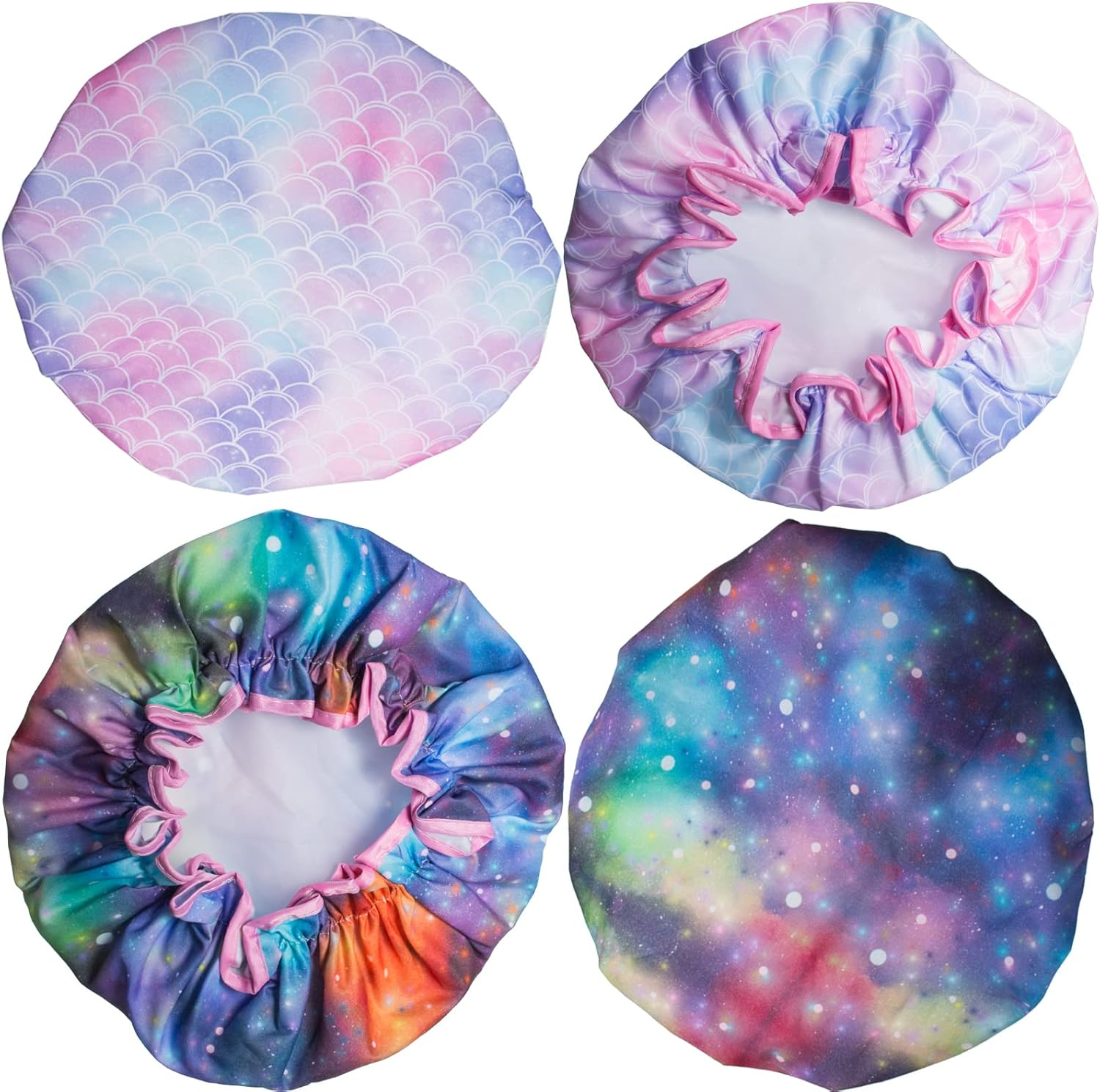 Qeuly Shower Cap for Kids, 2 Pack Kids Shower Caps Reusable Double Layer Waterproof Toddler Shower Cap, Elastic Band Kids Bonnets for Girls and Boys (Galaxy + Mermaid) image number 2