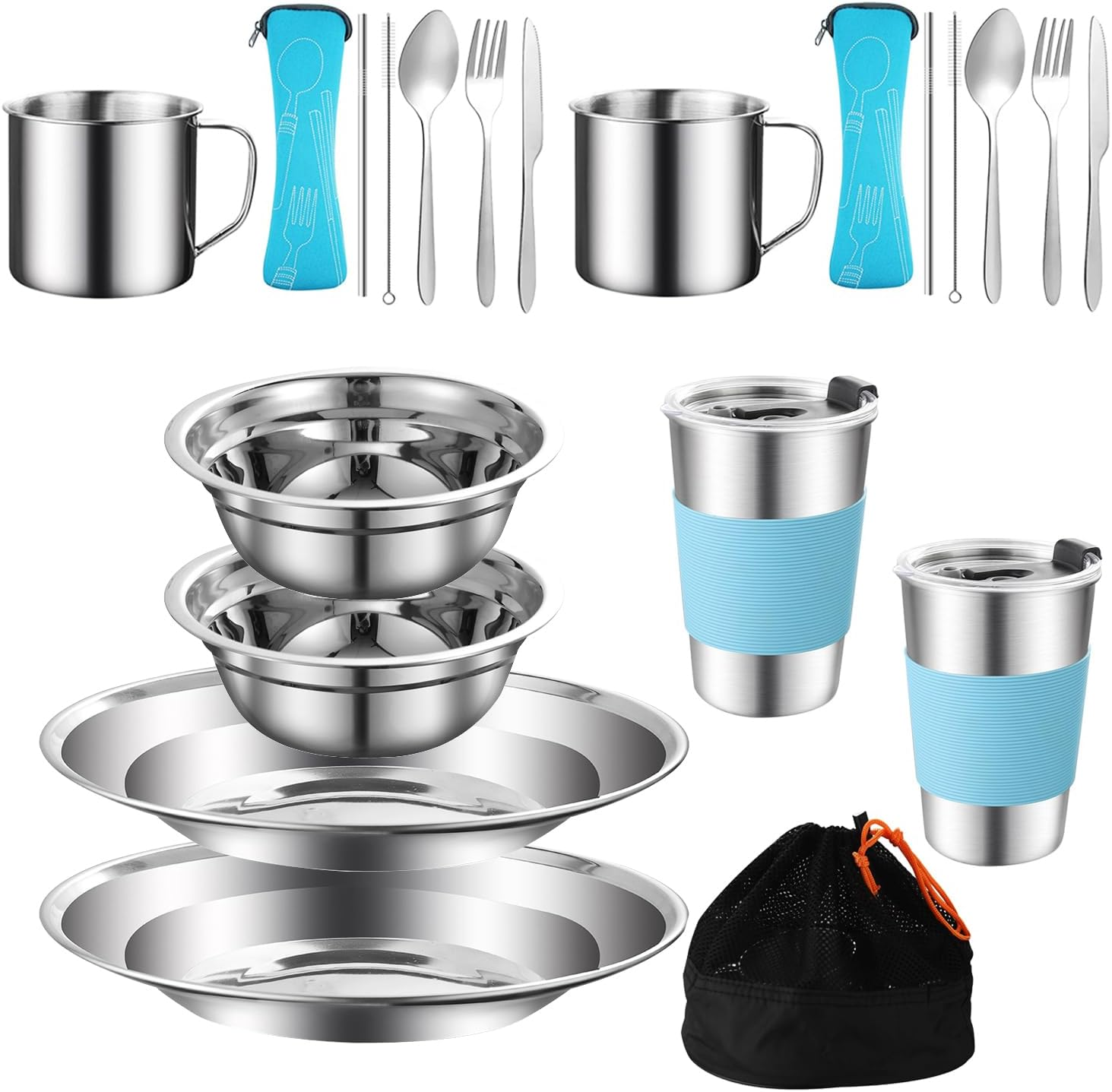 12Pcs Camping Mess Kit Camping Dishes Set Stainless Steel Tableware Mess Kit Includes Plate Bowl Cup Spoon Fork Knife in Mesh Bags for Camping Backpacking & Hiking for 1 Person&hellip; image number 2