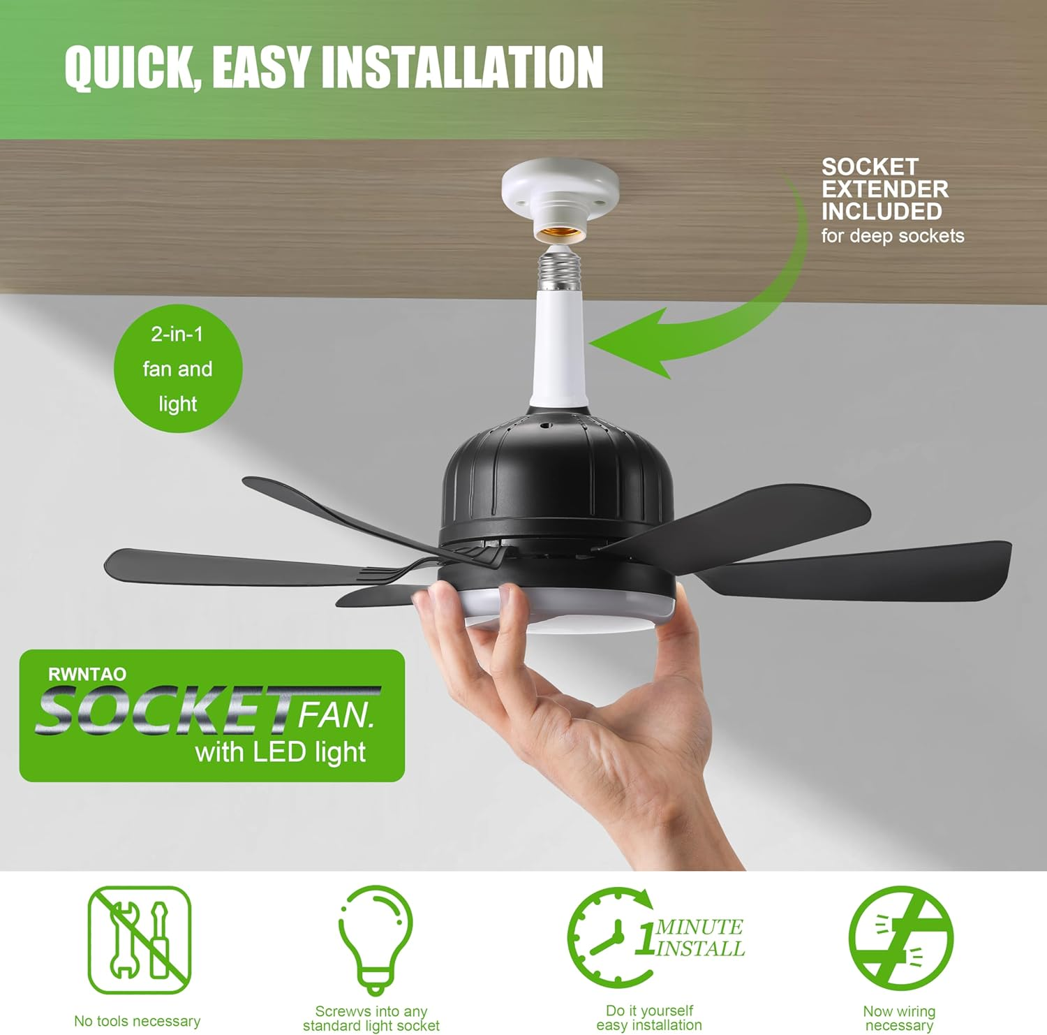 Socket Ceiling Fan Light with Remote, E27 Based Easy Install with Socket Extender, Replacement for Indoor -Bedroom, Kitchen and Living Room, 3 Color Stepless Dimming, Black image number 2