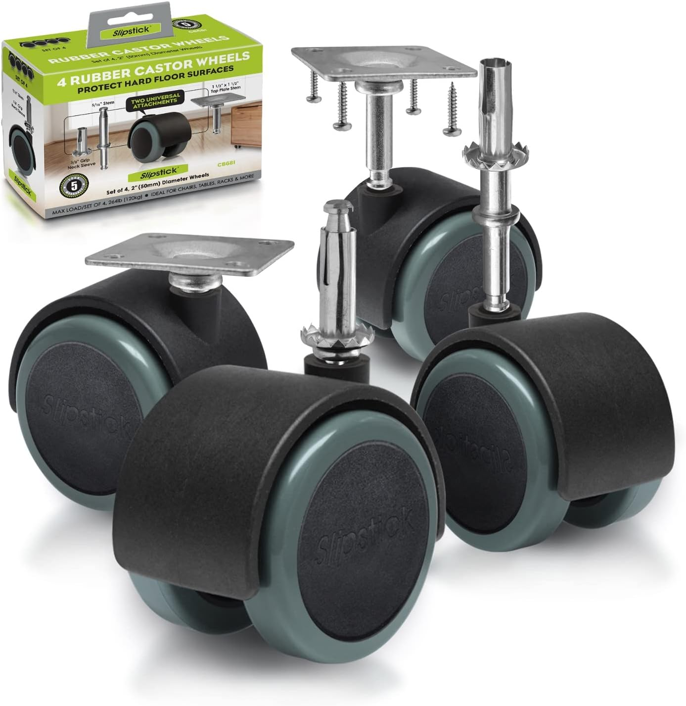 Slipstick CB681 2 Inch Floor Protector Rubber Caster Wheels (Set of 4) 5/16 Inch Stem or Top Plate Mounting Options - Black/Gray image number 2
