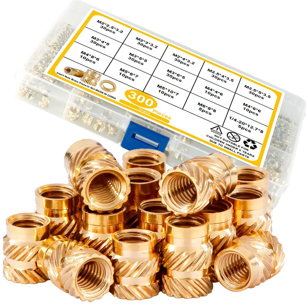 300Pcs M2 M3 M4 M5 M6 Female Thread Knurled Nuts Brass Threaded Insert Embedment Nuts Hydraulic Welded Joint Injection Molding Assortment Kit Perfect for Fastening Fixing Injection Molding image number 5