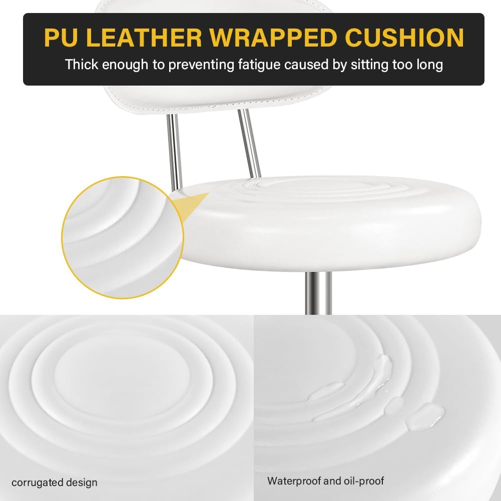 Rolling Stool with Wheels Swivel Stool with Back Height Adjustable Chair PU Leather Rolling Stools Ideal for SPA Salon Home Office Drafting Work (White) image number 6