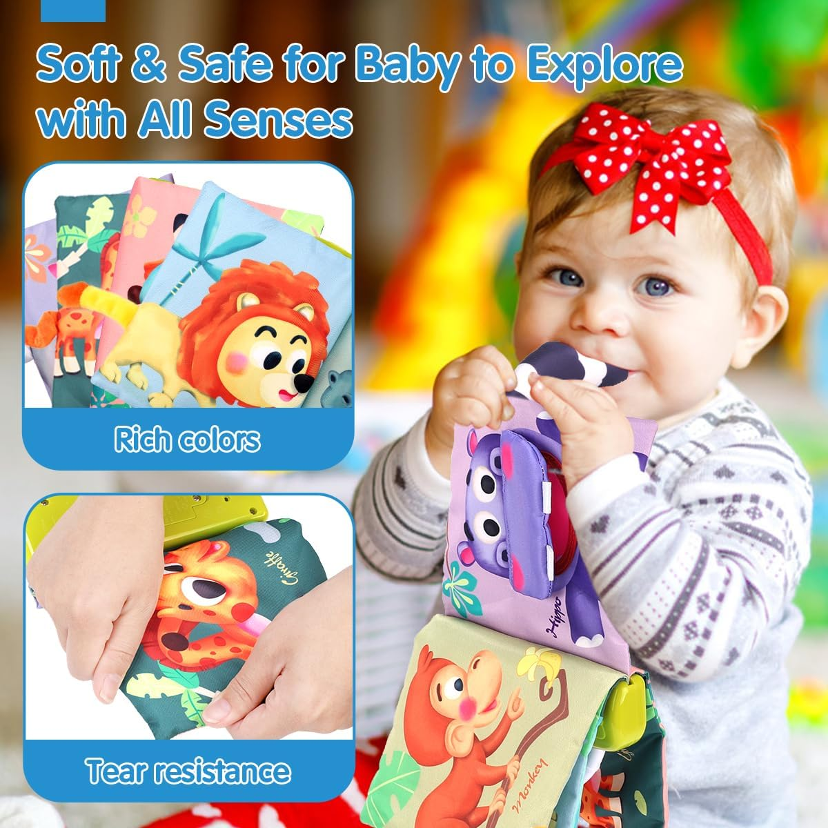 REMOKING Baby Books 0-3-6-12 Months,3D Touch and Feel Crinkle Cloth Book for Baby Infant, Sensory Toys Tummy Time Books W/Music,Mirror,Teether,Colorful Beads,Baby Shower Gifts,Stroller Travel Toys image number 4