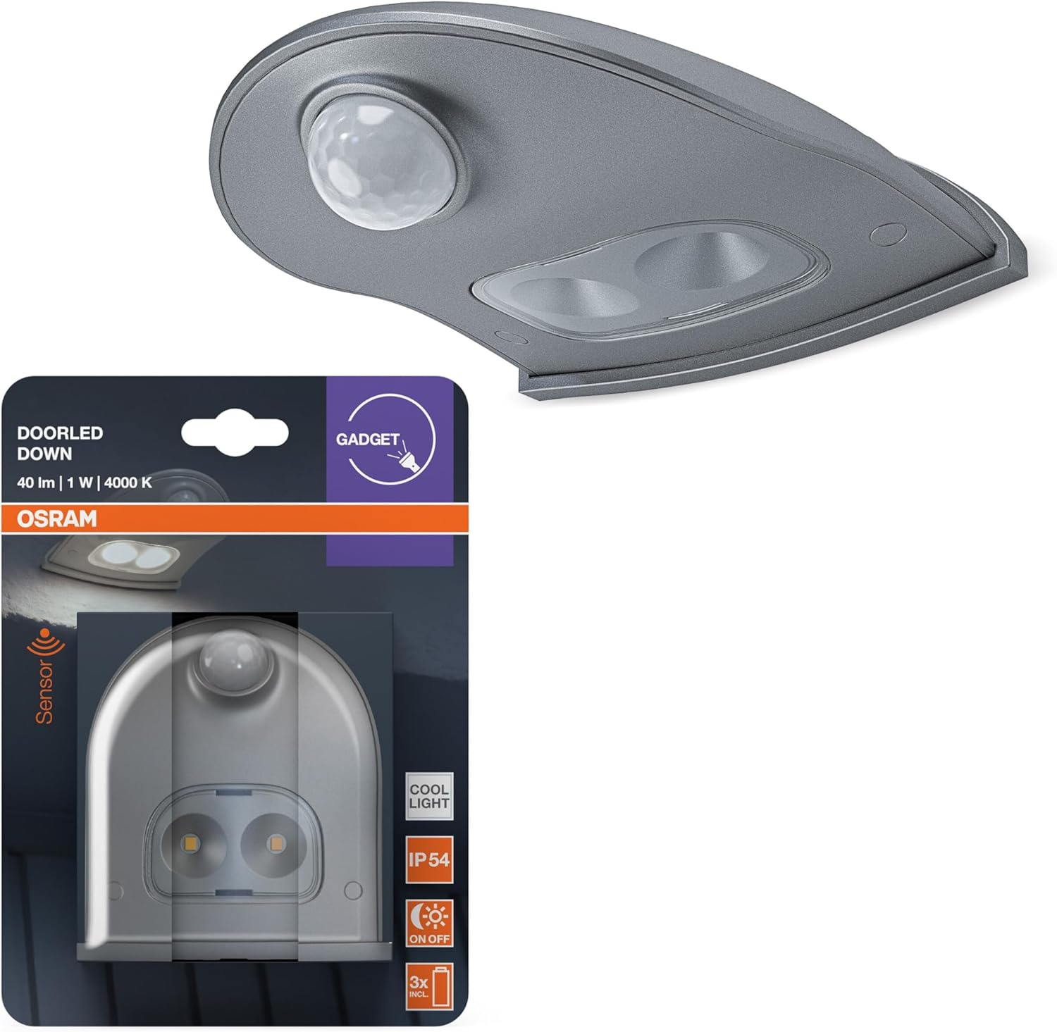 OSRAM Door LED Light with Motion Sensor, Battery Operated, 4000K, 40Lm, 0.95W, IP54, Silver, for Entrance Areas and Outdoor Applications image number 1