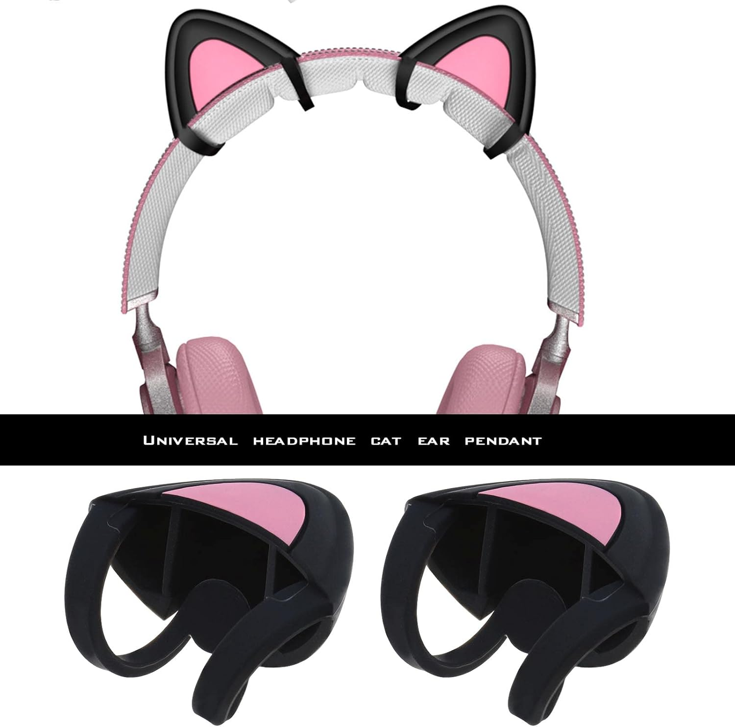 Emsea 1 Pair Silicone Cat Ears Over-Ear Headsets Cute Decoration Adjustable Straps Attachment Accessory for Video Live Gaming Headphones Black