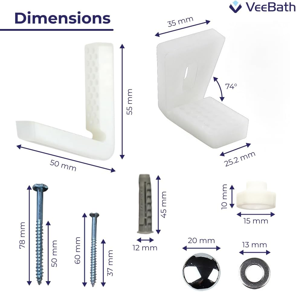Veebath Essentials Angled Floor WC Toilet Pan/Bidet Fixing Bolts, Repair Bracket and Screws Bathroom Fitting Kit