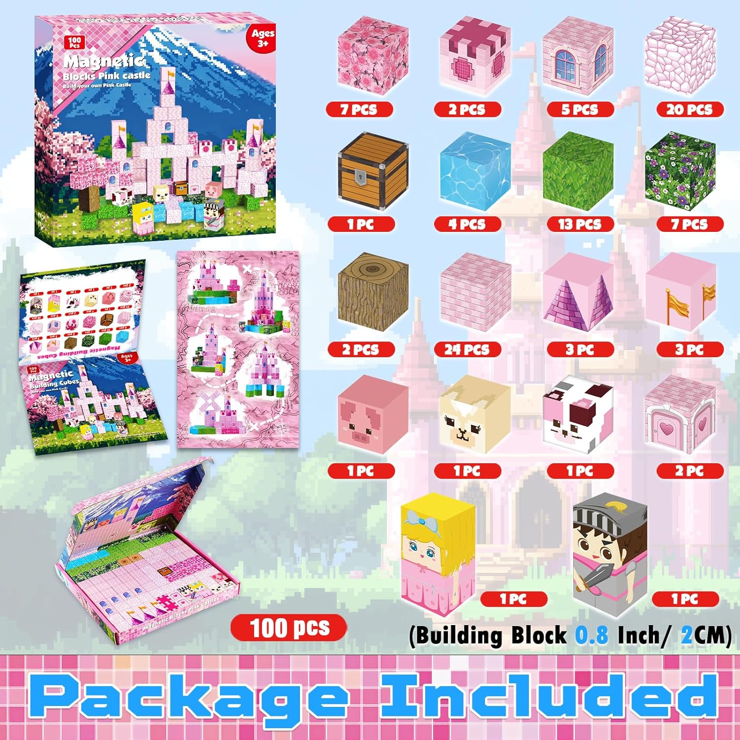 Magnetic Blocks-100Pcs Magnetic Building Blocks, Castle Princess Castle Garden STEM Building Cubes for Toddler Kids Toys, Construction Toys for Kids Ages 3+ image number 2