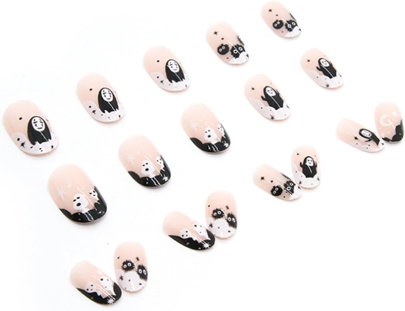 24PCS Halloween Press on Nails Medium French Tip Fake Nails with Ghost Design Cute Cosplay False Nails Glossy and Full Cover Acrylic Nails for Women and Girls image number 3