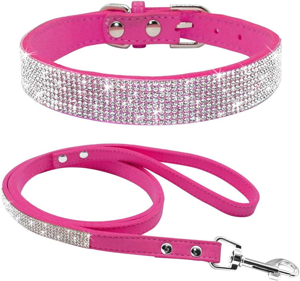 Haoyueer Cute Dazzling Sparkling Elegant Fancy Soft Suede Leather Bling Rhinestone Crystal Jeweled Pet Cat Dog Puppy Collar Dog Leash Combo Set (M, Blue-1) image number 4
