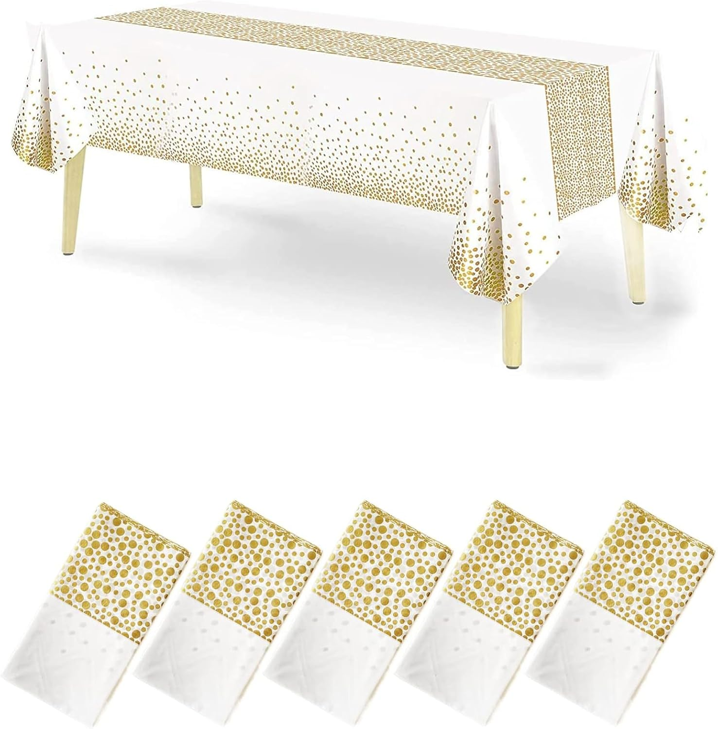 5 Pack Disposable Plastic Tablecloth,137X274Cm Gold Stamping Dot Rectangular Table Cloth,Suitable for Patio Barbecues, Weddings, Parties, Holidays, Cafeterias. (White and Gold) - Balloon image number 3