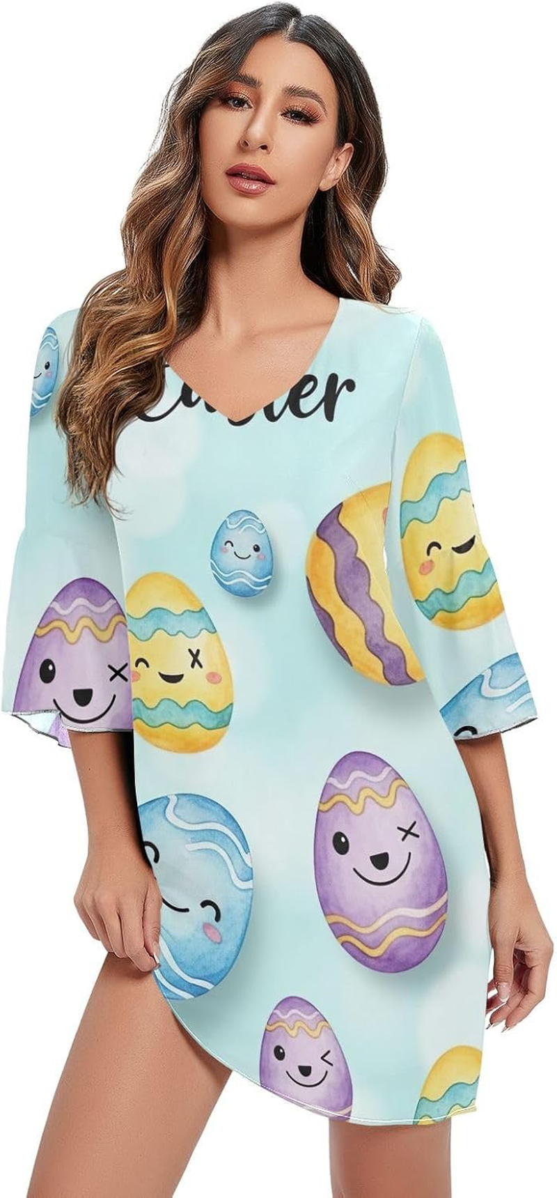 Funny Easter Eggs Blue Chiffon V Neck Dress Printed Maternity Dress Party image number 2