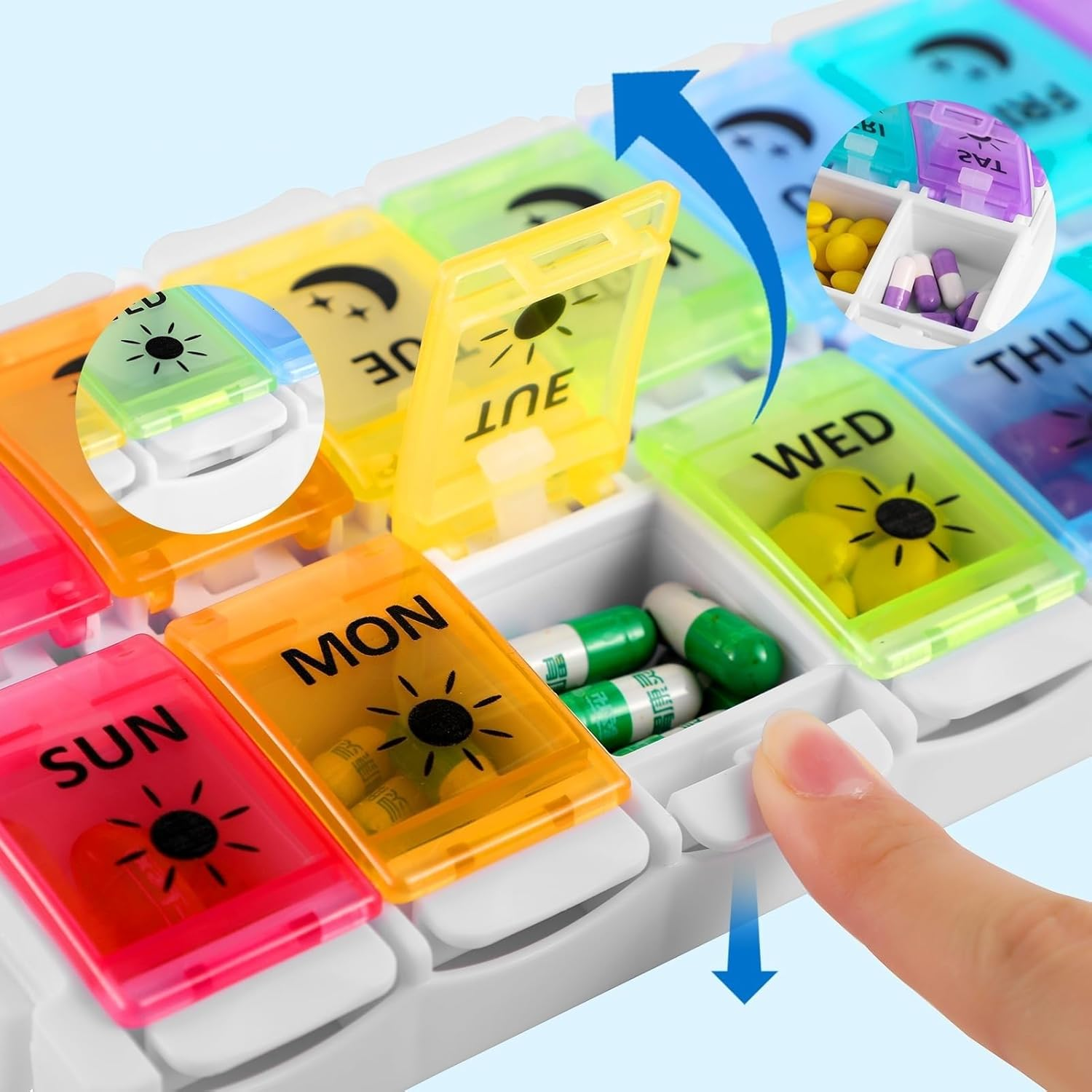 Weekly Pill Organiser, 2 Times a Day Easy to Fill 7 Days Pill Box, Pill Box with Simple Button Design for Pills/Vitamins/Fish Oil/Supplements,Coloured&hellip; image number 4