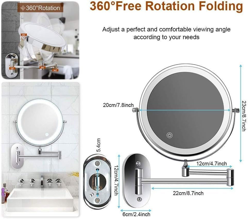 USB Rechargeable Mirror with 5X Magnification, Bathroom Mirrors Wall Mounted, 360&deg;Swivel and Extendable, Chrome, 8Inch image number 2