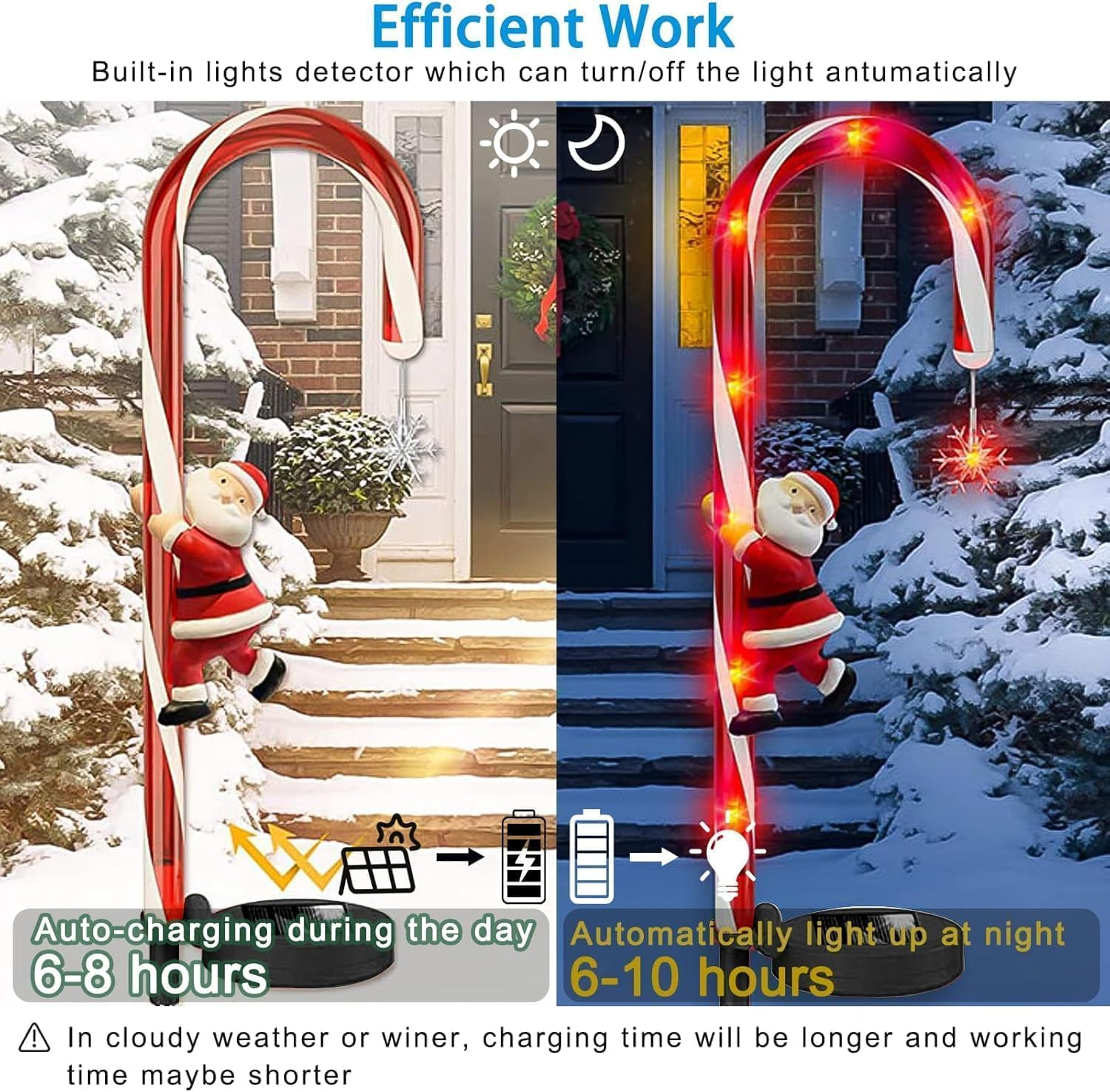 Syfunlv Pack of 2 Solar Santa Lights for Garden, LED Candy Canes, Christmas Sticks, Waterproof Lawn Lamp, Christmas Garden Decoration, Fairy Lights, for Outdoor, Garden, Yard, Balcony, Path (Style 1) image number 5