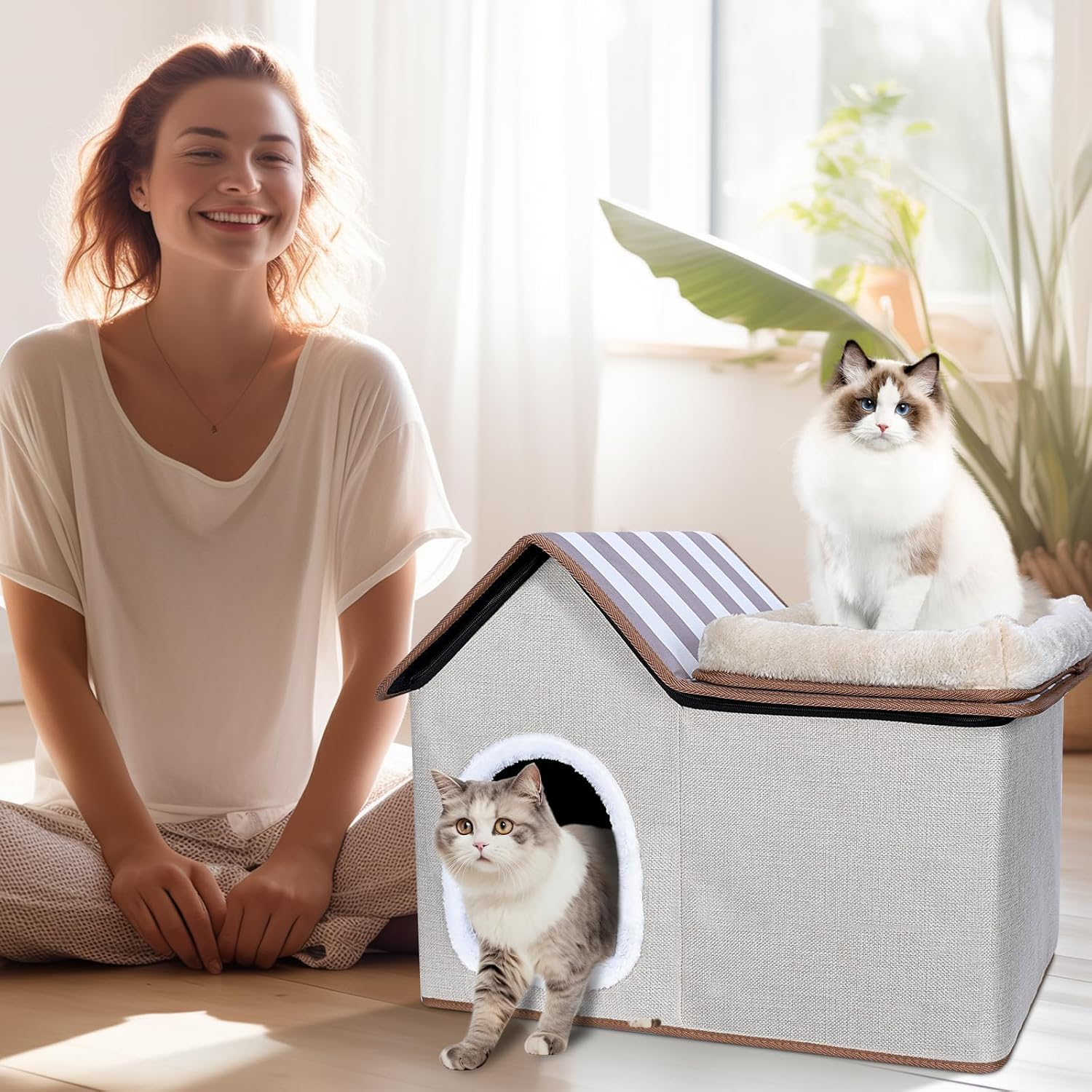 Cat House, Cat Nest with Soft Plush Mat, Removable Cushion, Roof and Windows, Indoor/Outdoor Cat House for Small Medium Cats, Gray image number 6