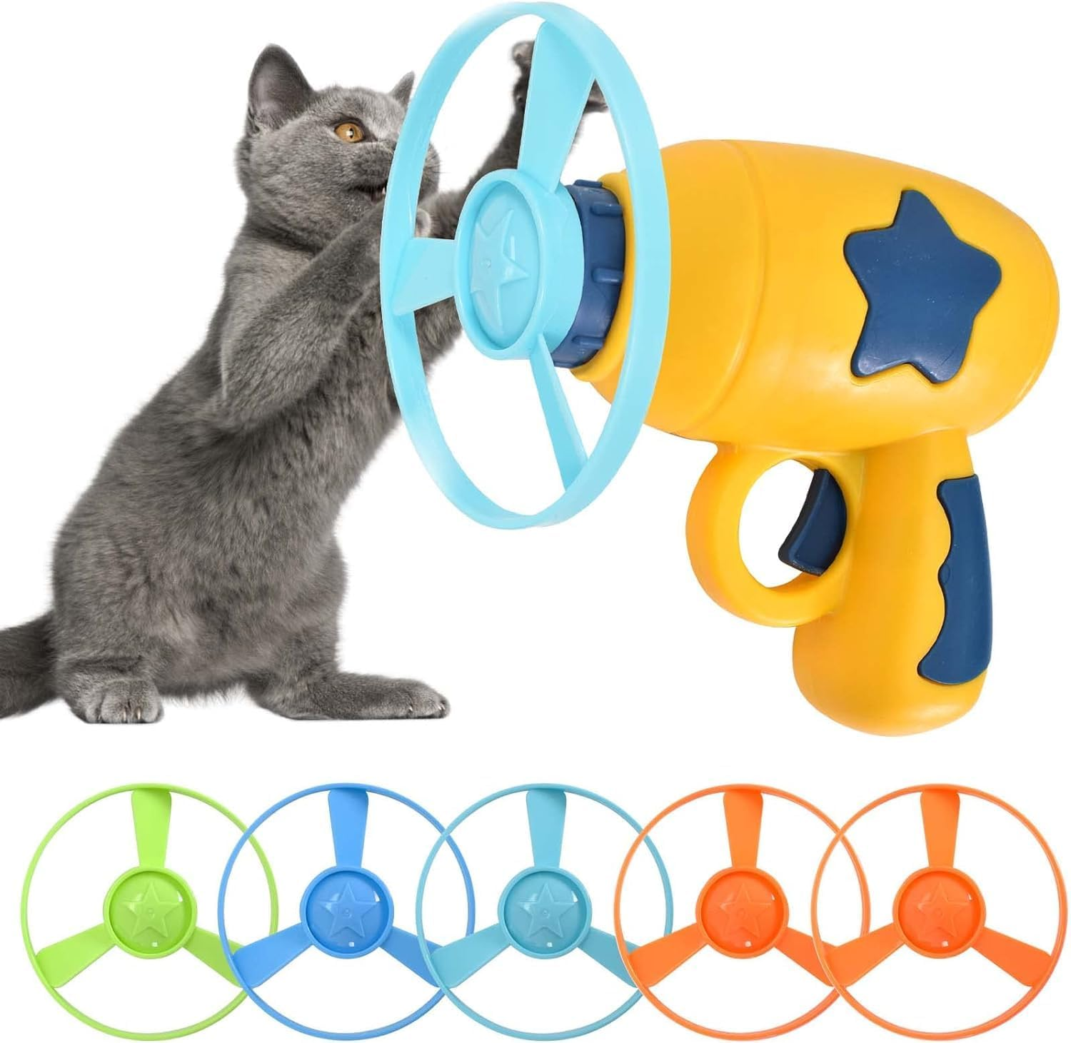 Cat Fetch Toy, Colourful Flying Propeller Disc Cat Toy Chasing Saucer with 1 Launchers, 5 Propellers Random Colour for Interactivity Training Hunting Hitting Pet Toy (Yellow) image number 4
