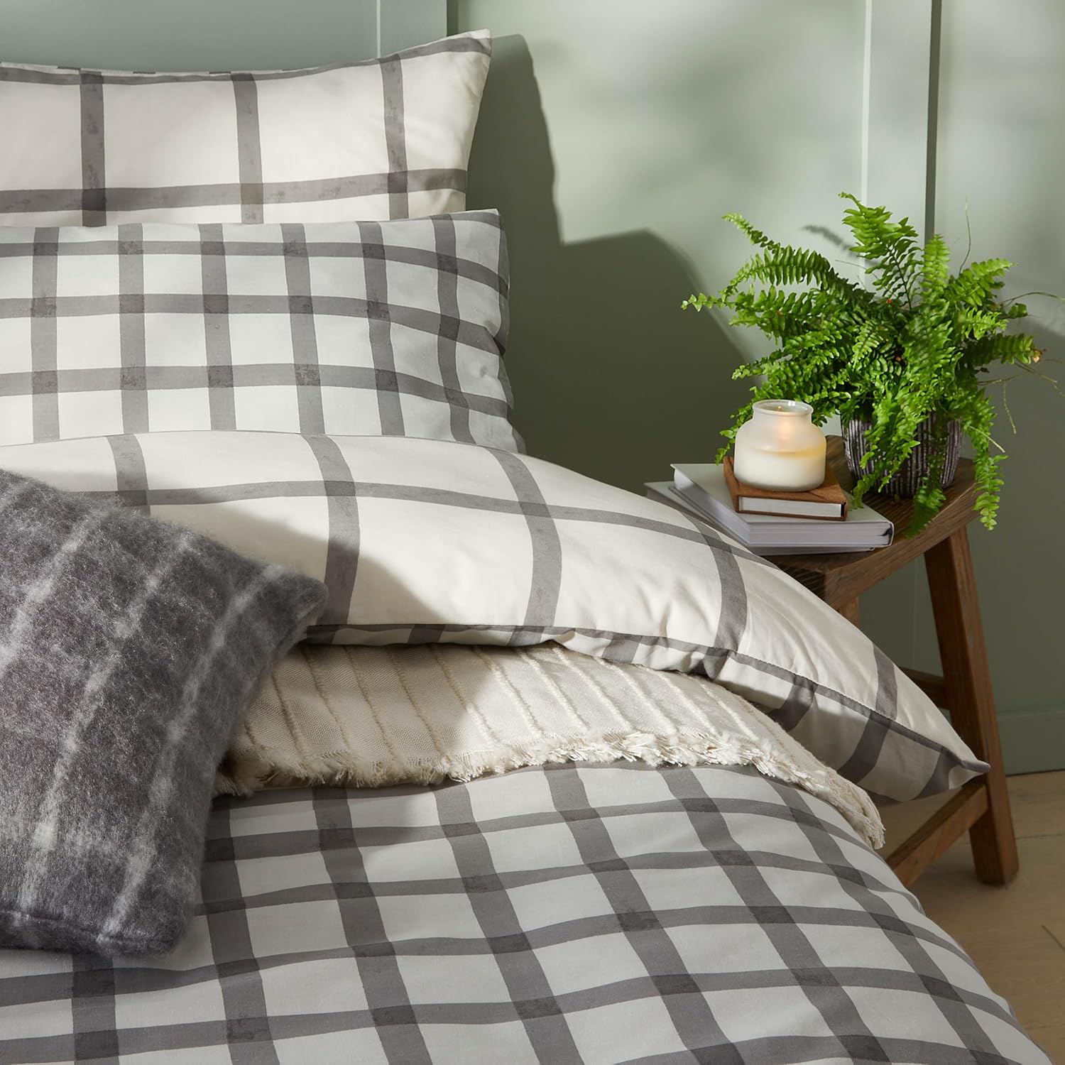 Furn. Canberra Check Printed Duvet Set - Double - Neutral