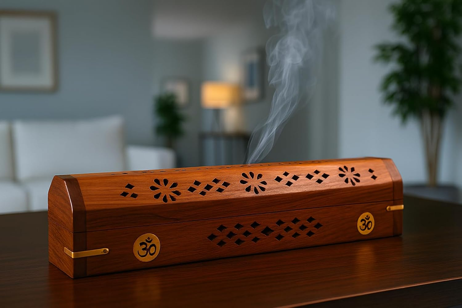 Wooden Box, Agarbatti Holder Wooden Hand Carved Incense Burner, Incense Holder, Brass Inlays & Storage Incense Holder Stand, Incense Stick Stand Handmade (12X2.5X3 Inch) Om image number 2