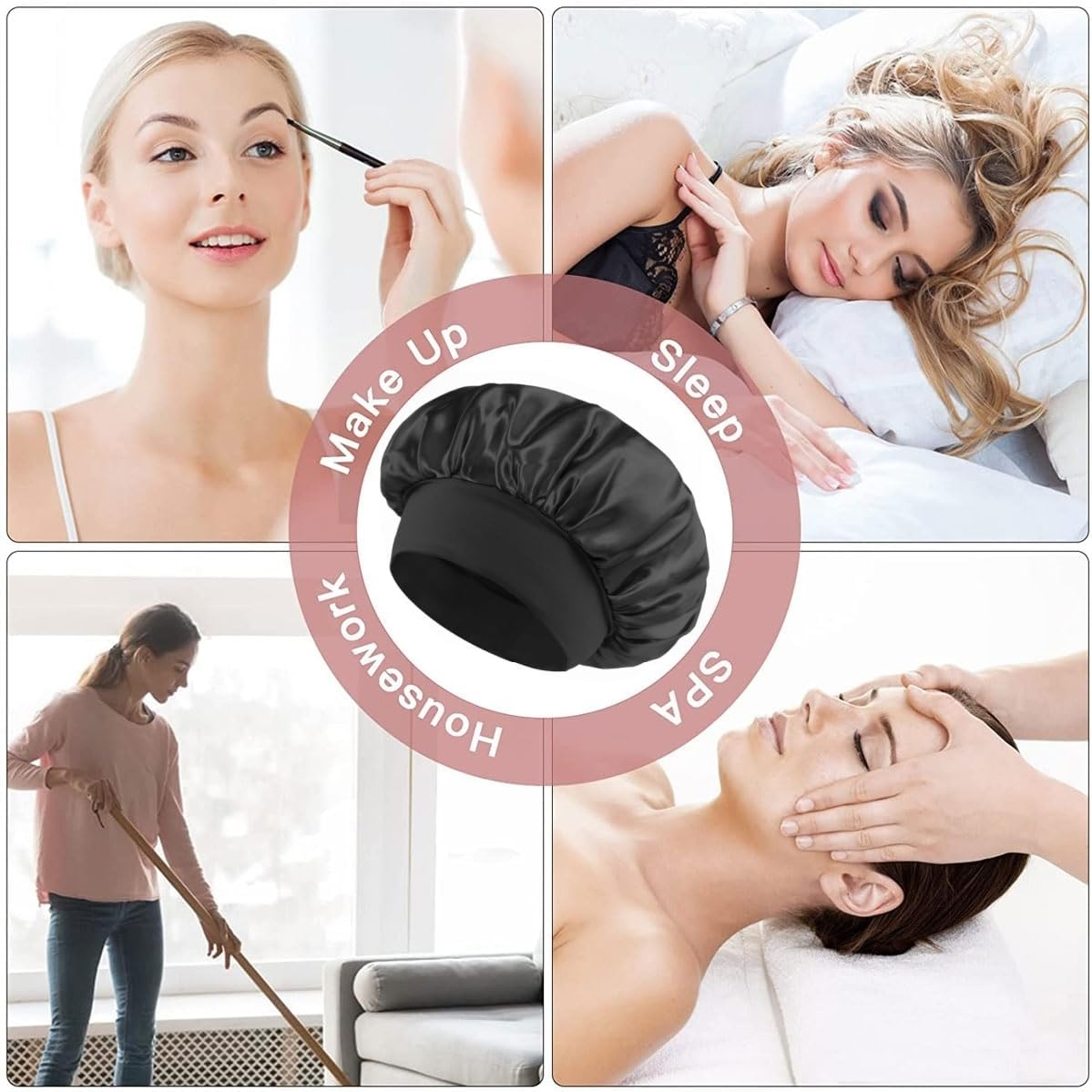 Black Silk Bonnet for Women Curly Hair Cover Satin Bonnets for Sleeping Large Satin Sleep Cap Head Cover Wide Band Silk Night Hats