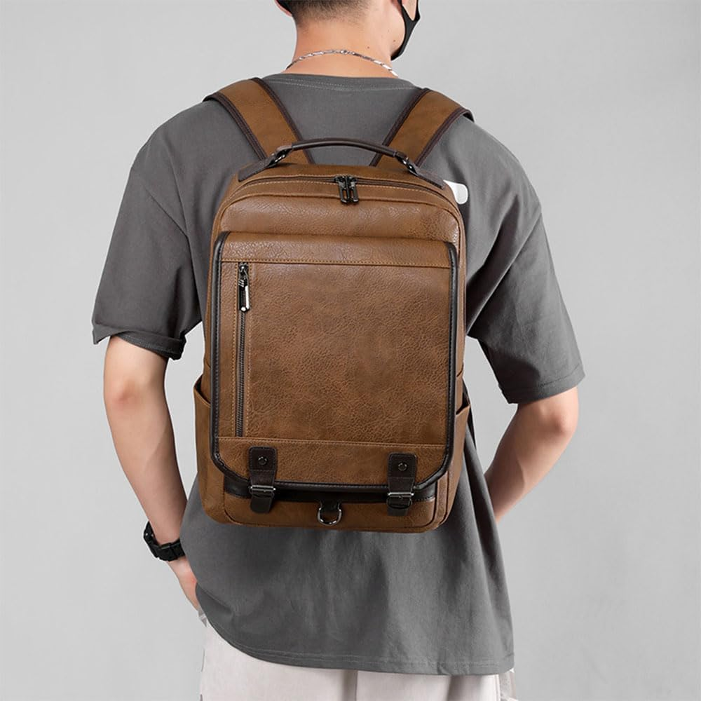 Men'S Vintage PU Leather Backpack 15.6" Laptop Bag Large Capacity Business Travel Hiking Shoulder Daypacks Brown image number 1