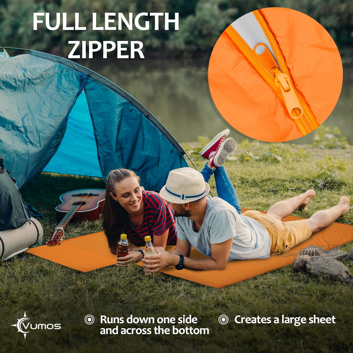 Vumos Sleeping Bag Liner and Camping Sheet - Silk like Material for Travel - Has Full Length Zipper