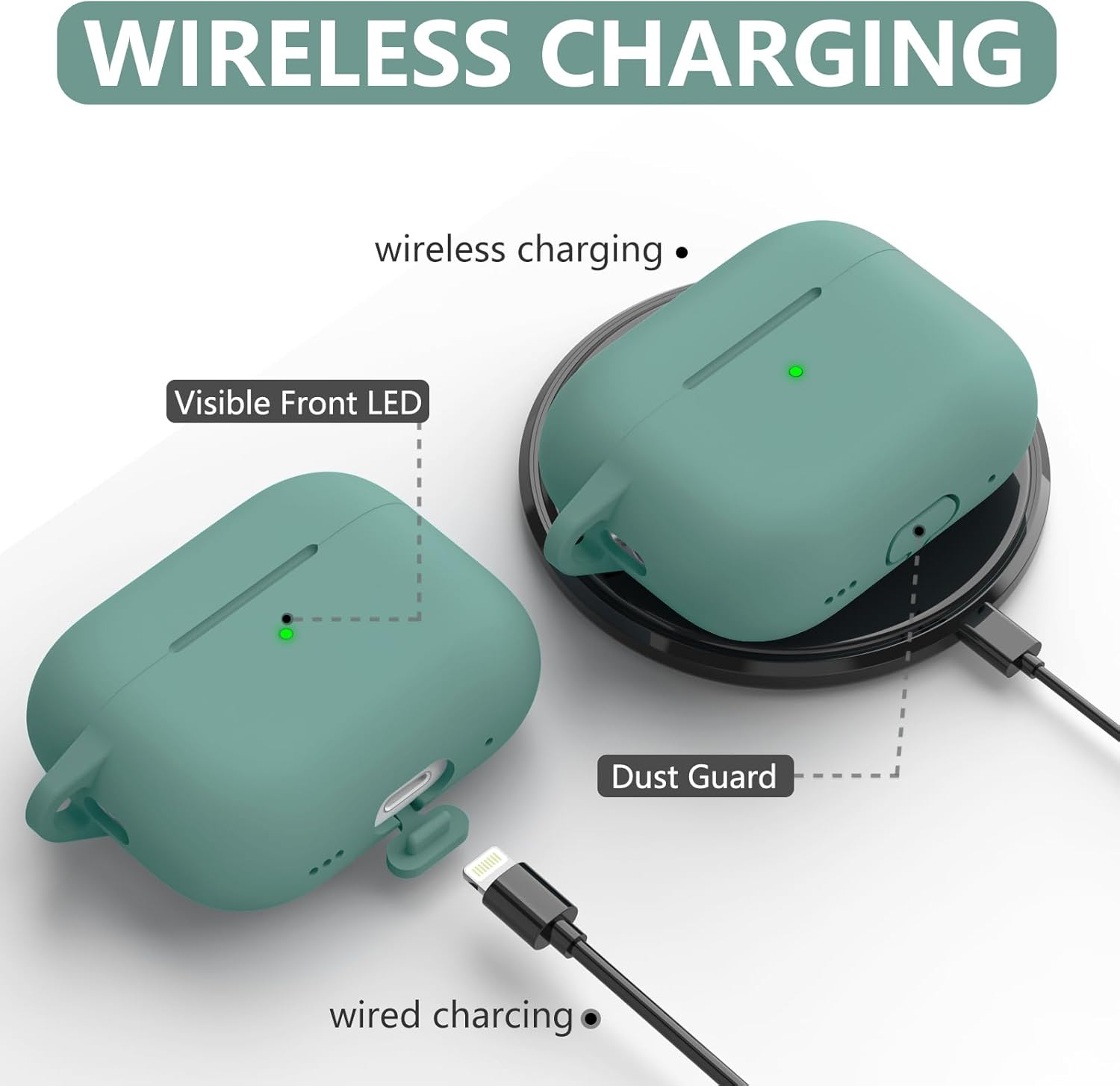 Inesore Compatible with Airpods Pro 2Nd/1St Case Cover with Cleaner Kit, Silicone Protective Case for Apple Airpods Pro 2Nd/1St Generation Charging Case with Keychain, for Women Men (Pine Green)