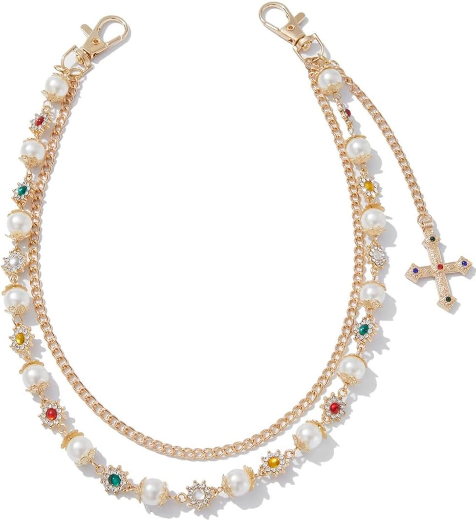 Layered Cross Pants Wallet Chains for Women Exquisite Gold Silver Crystal Pearl Jean Pocket Chain Bag Purse Charms Punk Jewelry for Women Men