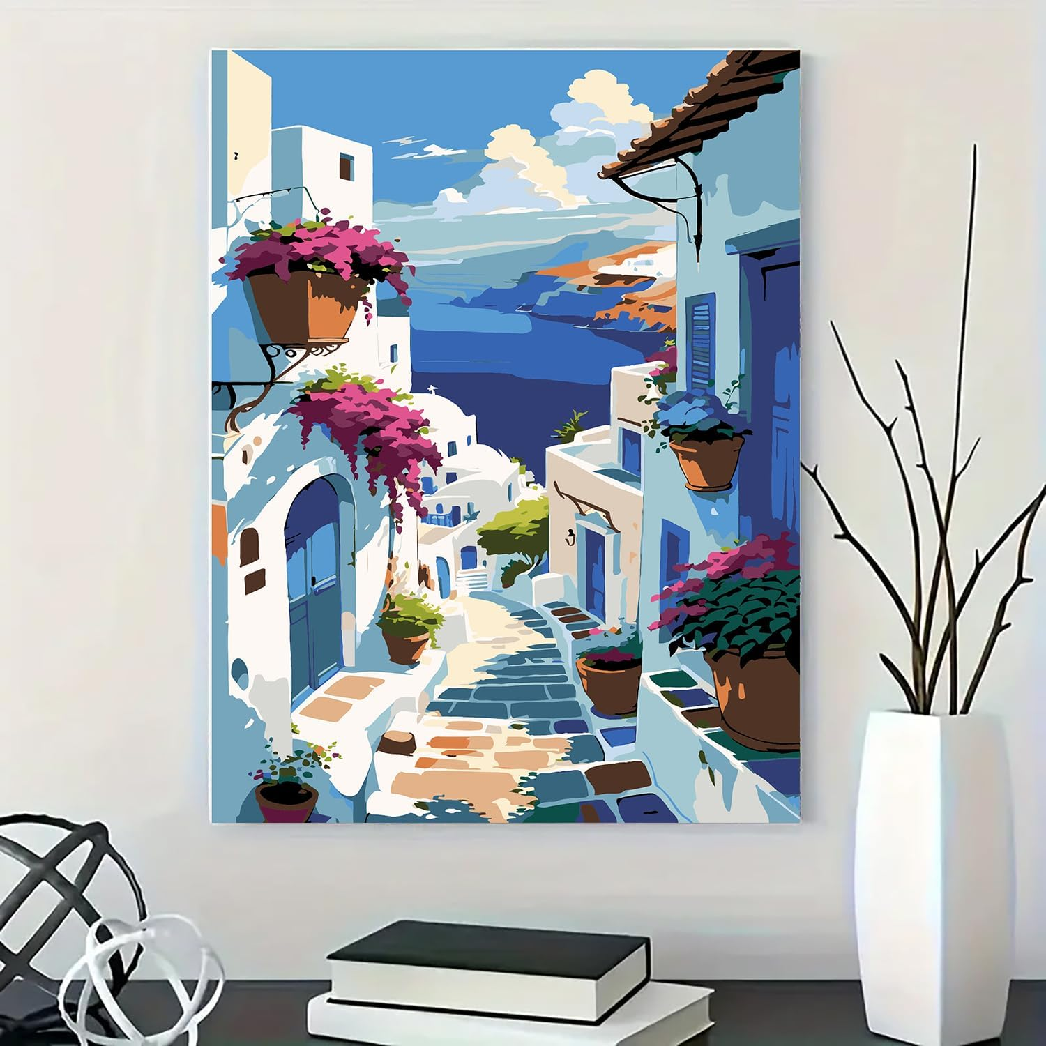 Paint by Numbers Kit for Adults Beginner, Blue Seaside Town Adult Paint by Number Kits on Canvas, DIY Acrylic Watercolor Oil Paint by Number for Adults for Home Decor Gift 16X20 Inch