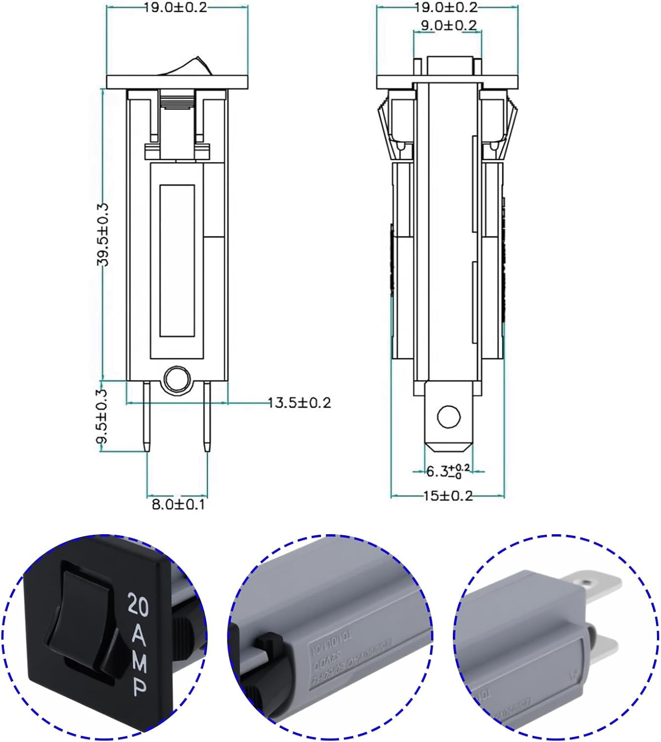 3Pcs W Type 20A 2Pin Thermal Circuit Snap-In Breaker Fuse Suitable for Transformers Motors Battery Chargers image number 6