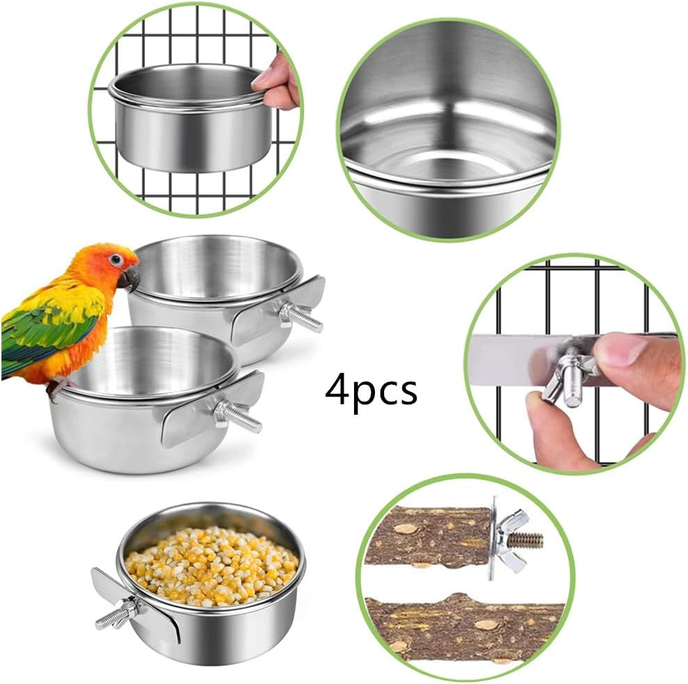Granmagazz Parrot Feeder, 4Pcspet Feeder, Bird Feeder for Cage, Parrot Feeding Cups Birds Food Dish 2 Pcs Perches,10X 4.5 Cm, Stainless Steel Parrot Feeders Water,For Parrot Parakeet Lovebird image number 1