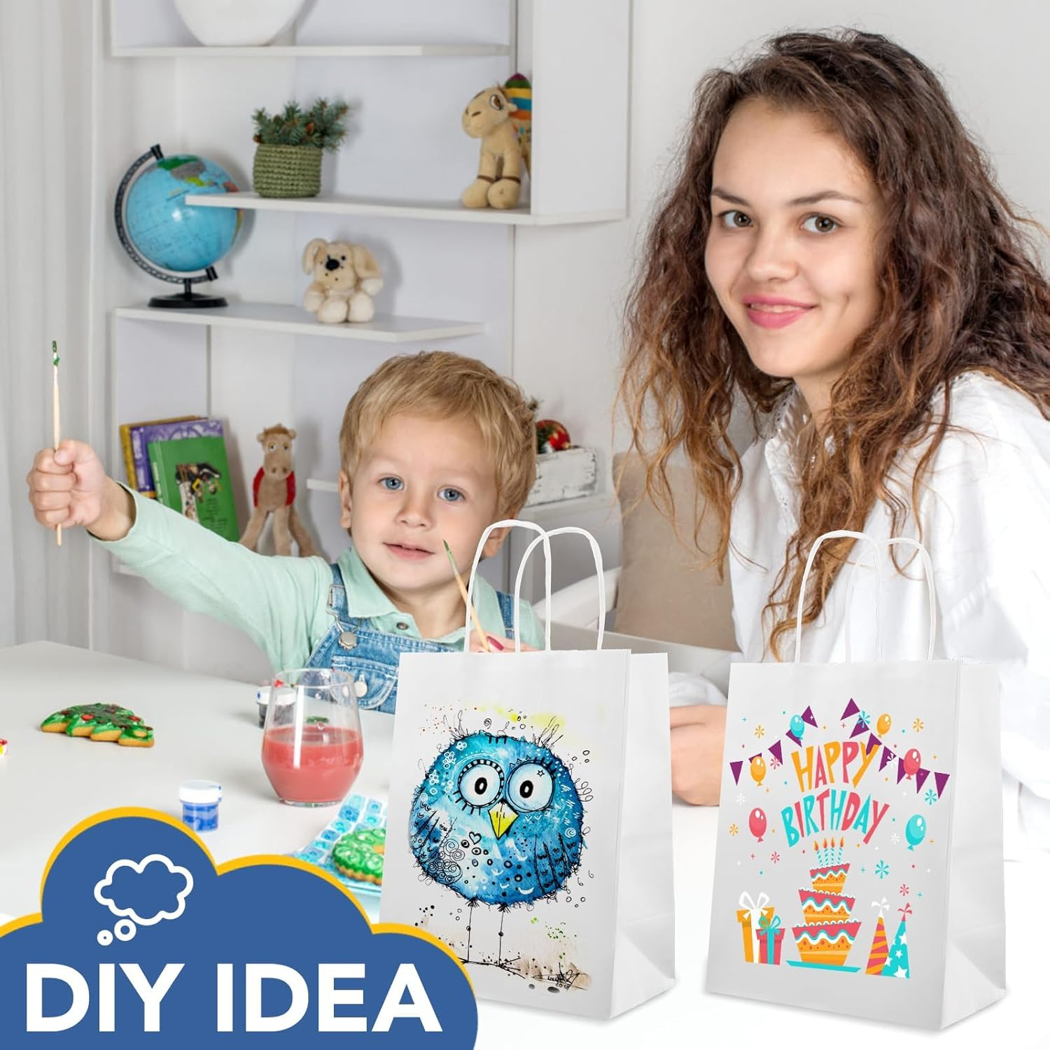 Neulsun 100Pack White Paper Bags 21X11X27 Cm, Plain Medium Paper Bags with Handles Bulk, Kraft Paper Gift, Retail, Party, Shopping Bag, Favor Bag